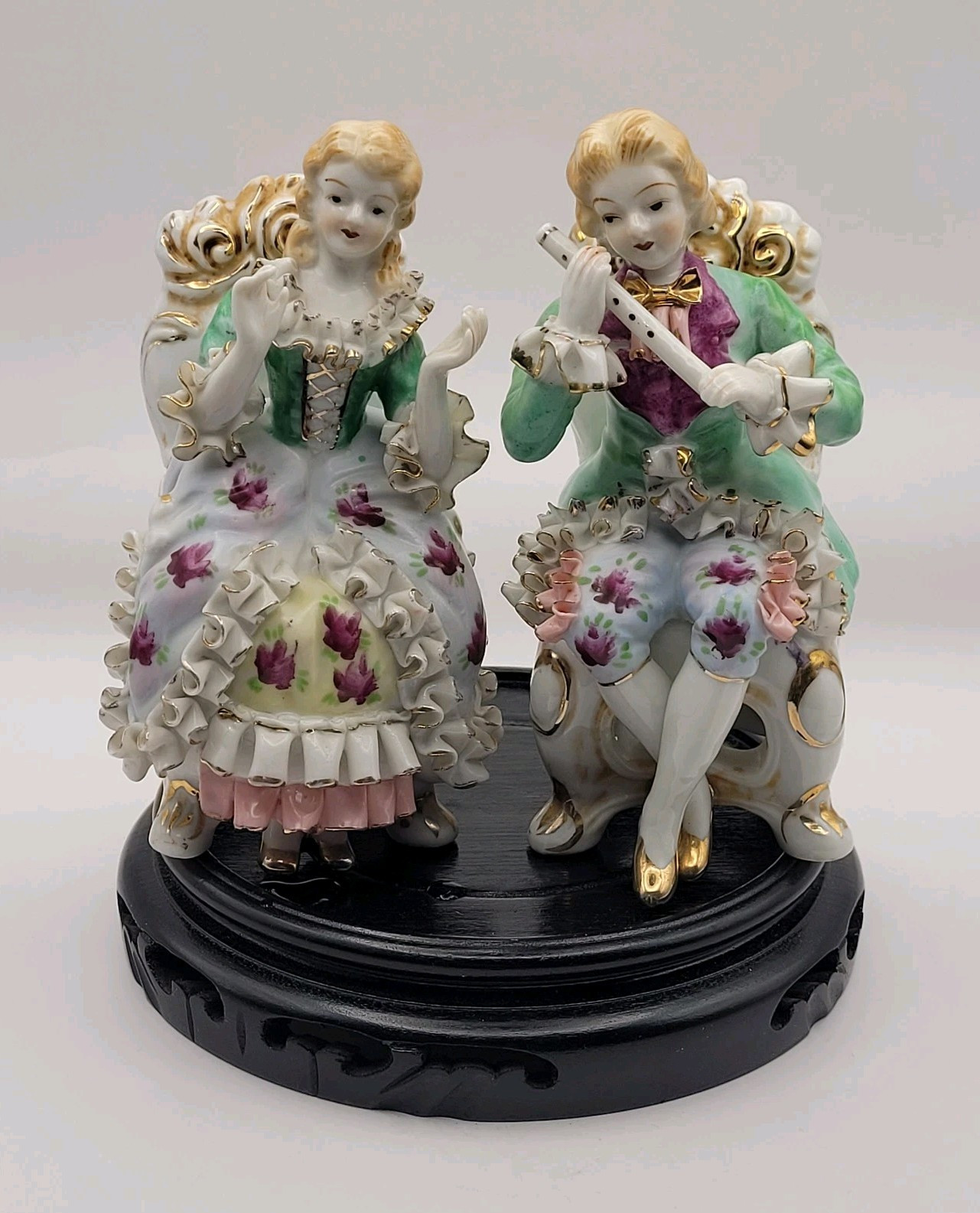 Vintage Victorian Colonial Man with Flute, Victorian Woman Clapping Hands 6″