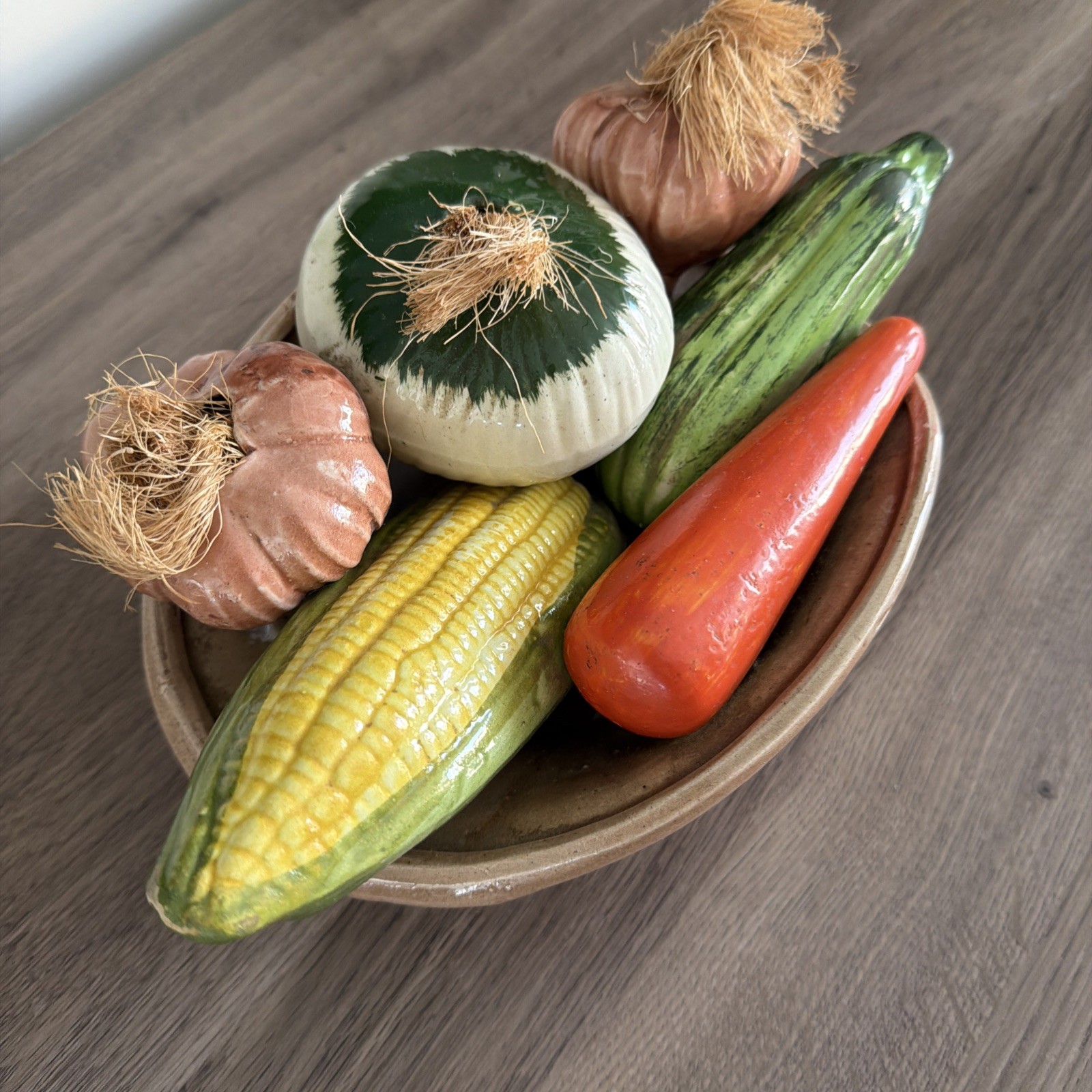 Vintage Hand Painted Ceramic Vegetables in a Bowl Centerpiece 11″ Basket Weave