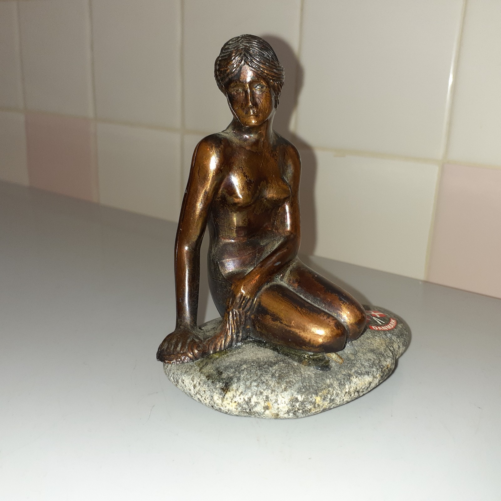 Vintage Light Copper/Metal Danmark MERMAID Figurine with Faux Stone 4.1″ tall