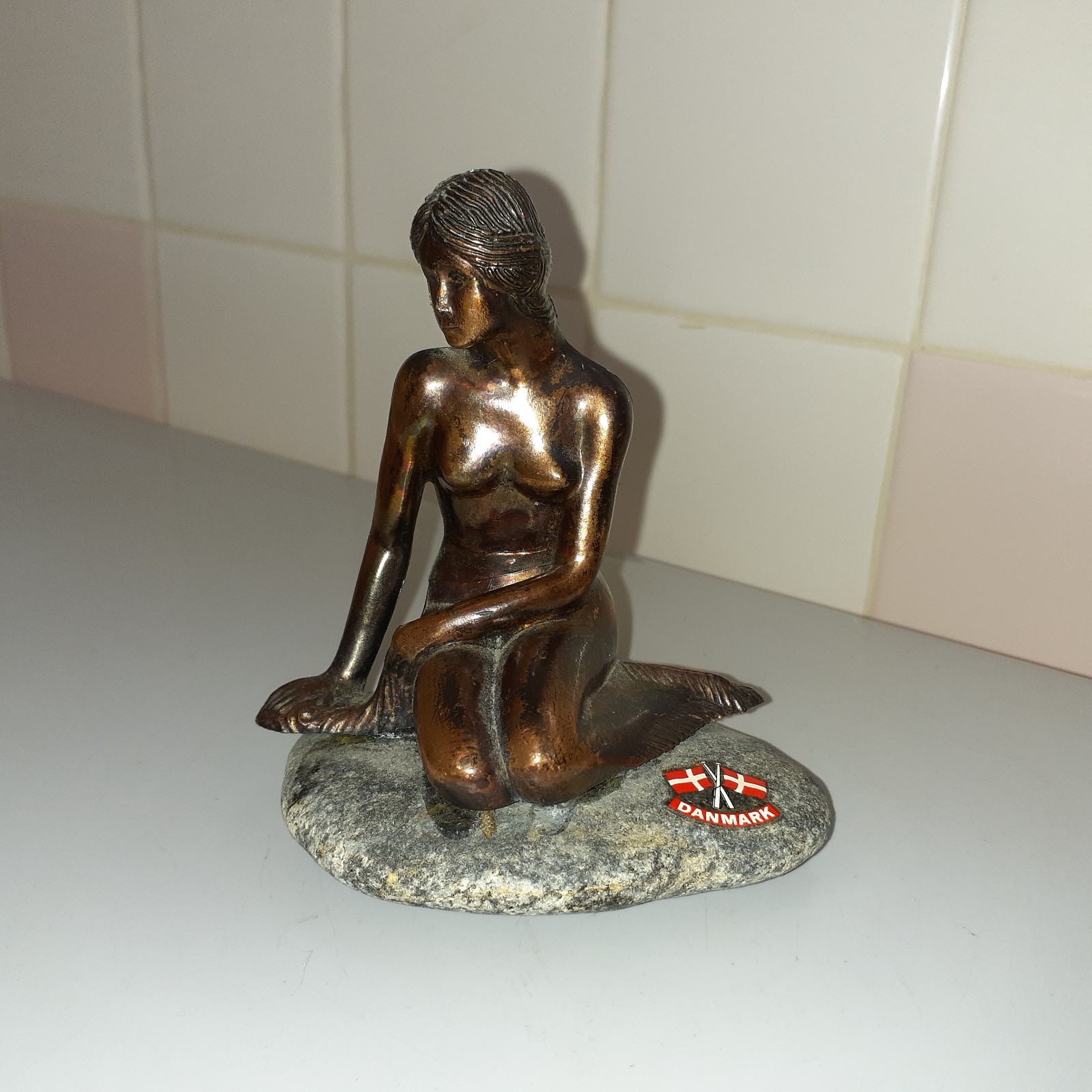 Vintage Light Copper/Metal Danmark MERMAID Figurine with Faux Stone 4.1″ tall