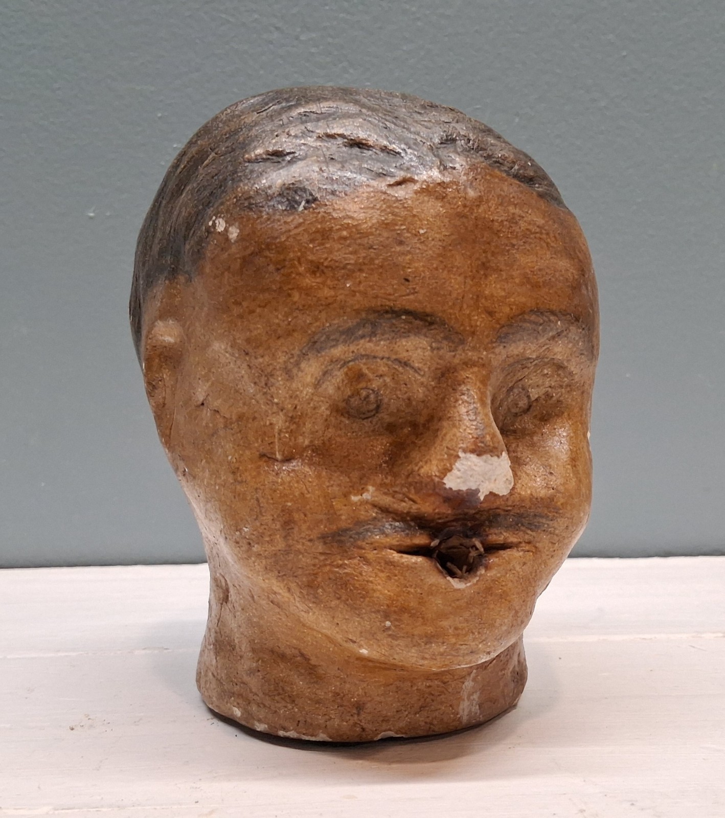 Antique American Folk Art Man Face Bust Cast Molded Miniature Head Oddity 5″