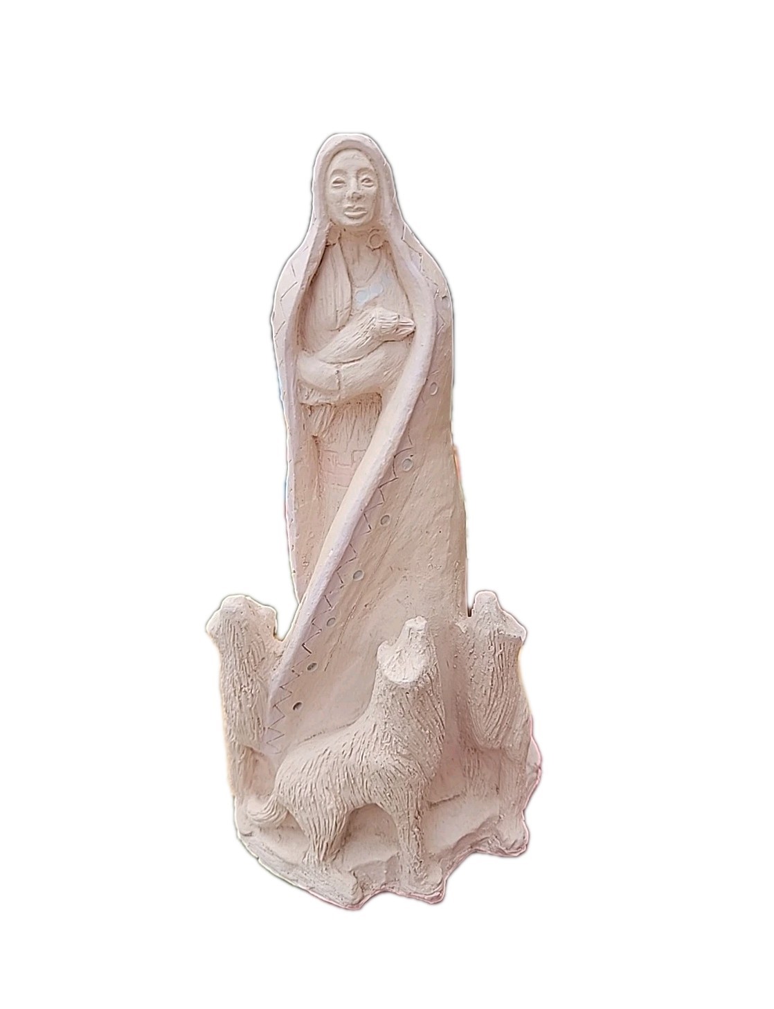 VTG Ethnic Tribal Wolf Mother Goddess W/a Cub Clay Art 10.5″ Figurine Statuette
