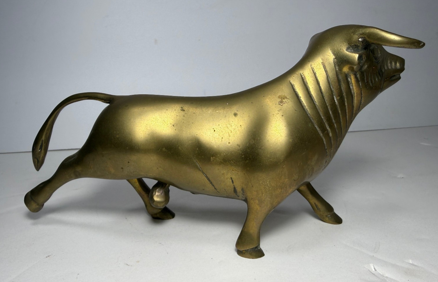 Vintage Brass Bull Figurine Running Cow Ox Statue 8.5″ Long