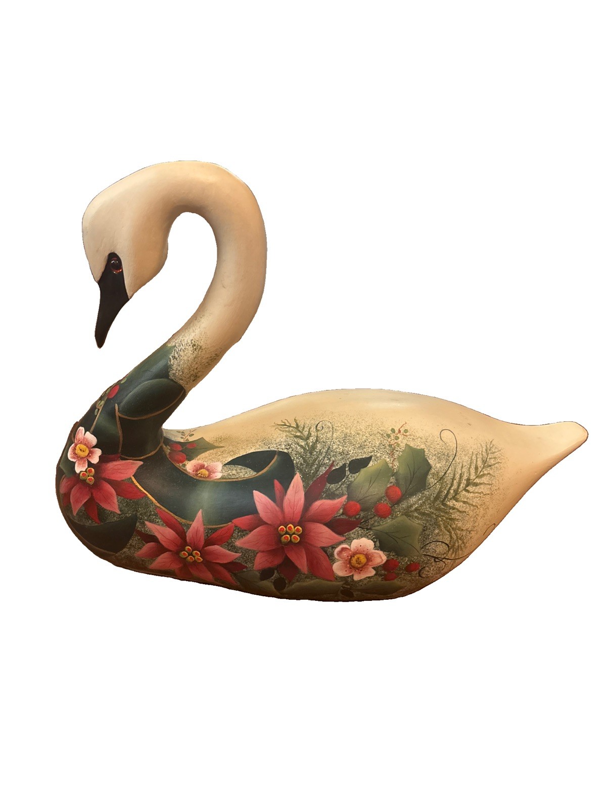 Vtg Decorative Folk Art Wooden Swan Poinsettia Hand Painted Artist Signed Heavy