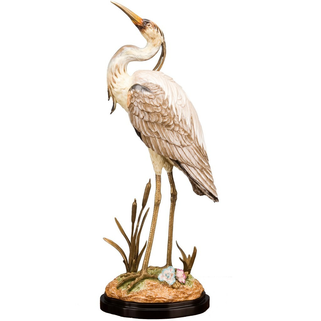 PORCELAIN AND BRONZE ORMOLU CRANE bird FIGURINE SCULPTURE 24″