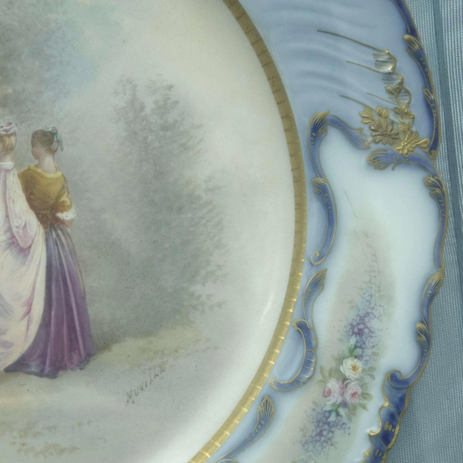 c1910 Sevres Style Muville Artist Signed Hand Painted Courting Cabinet Plate