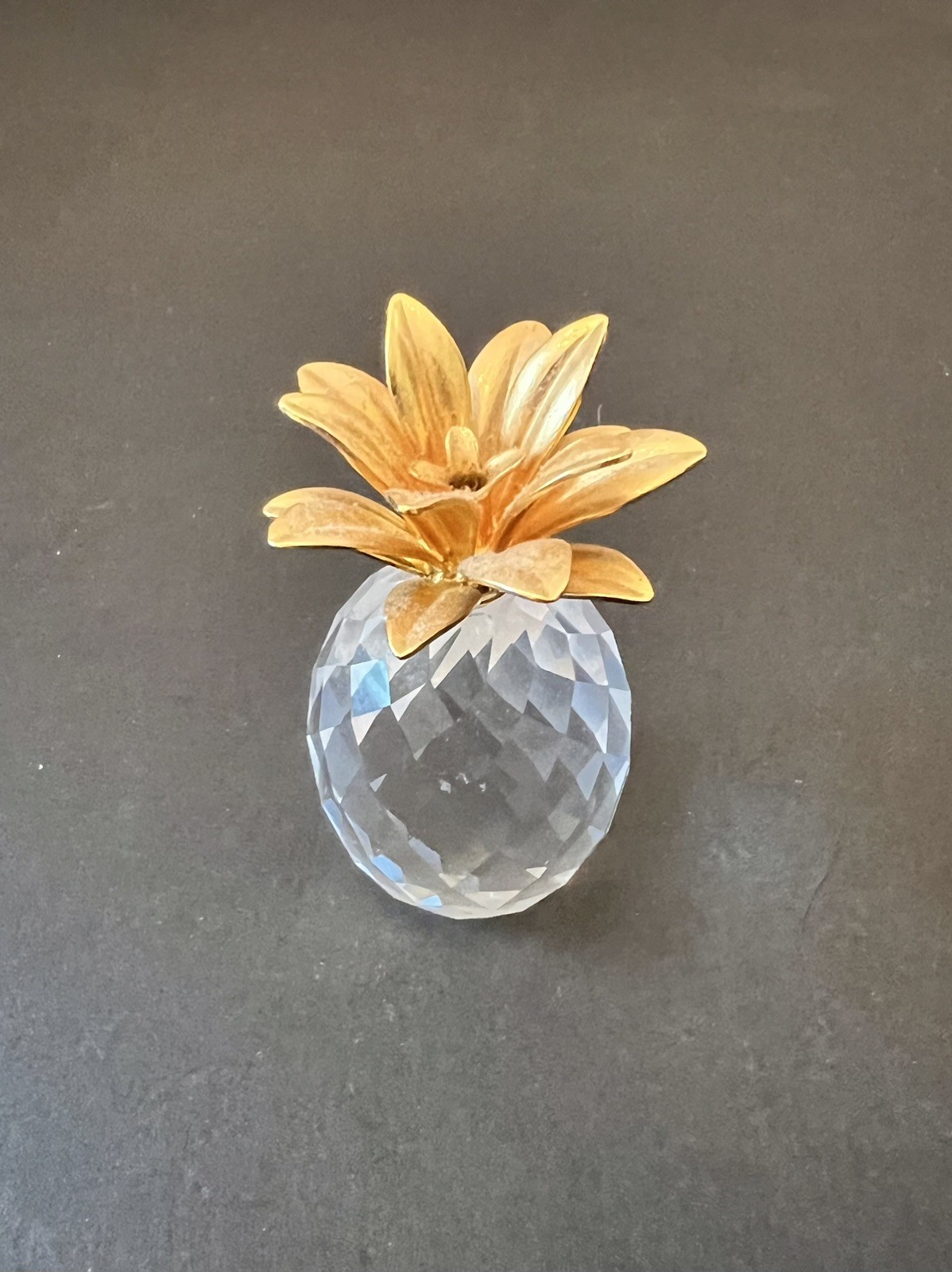 Vintage Swarovski Crystal Pineapple Figurine 2.5″ Swan Mark Gold Plated Leaves
