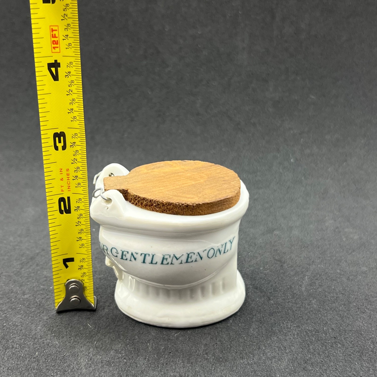 Vintage Japan Porcelain For Gentlemen Only Toilet Figurine Wood Lid MCM