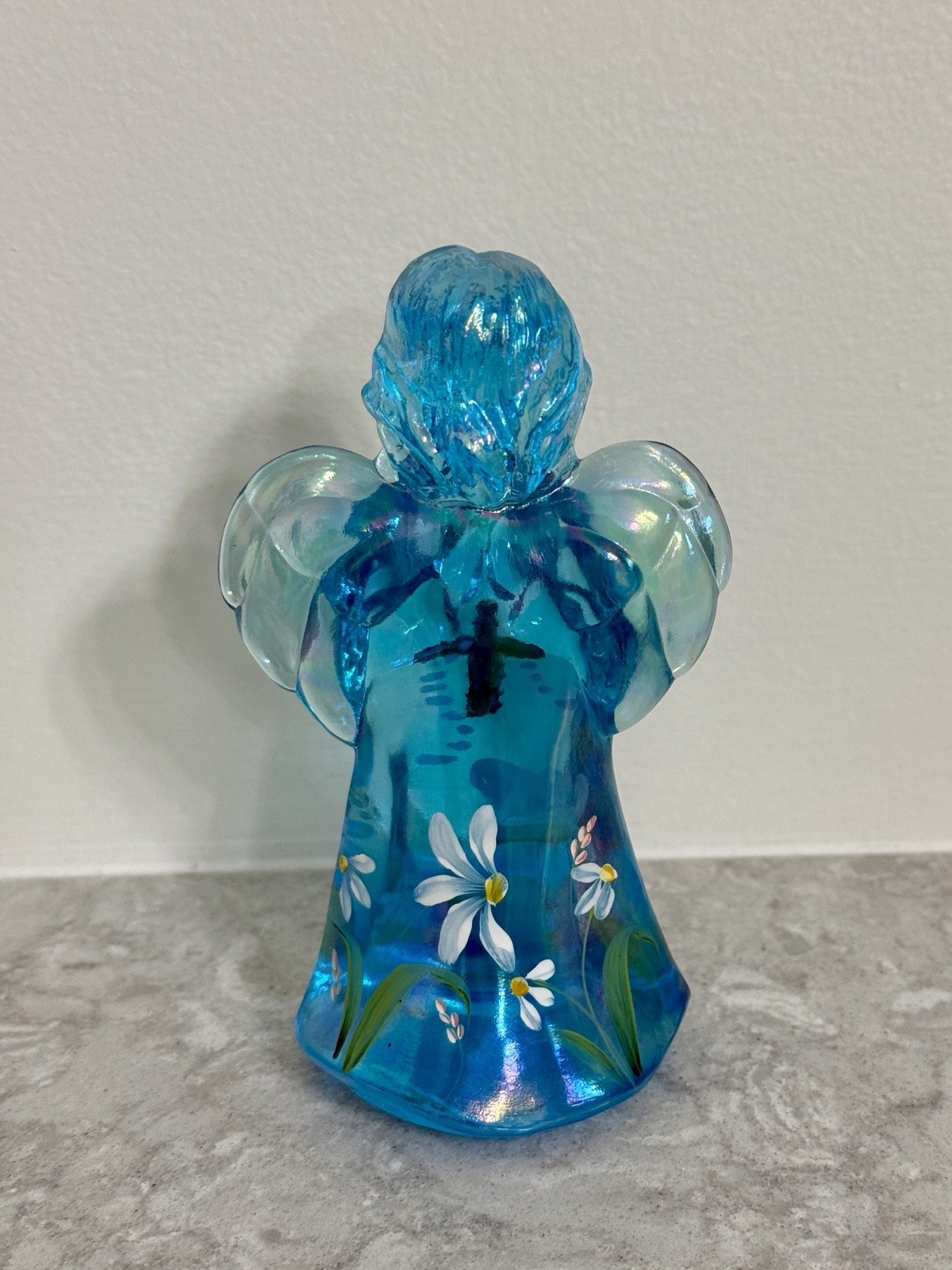 FENTON Angel Praying Rhinestone Cross Blue Hand Painted Signed