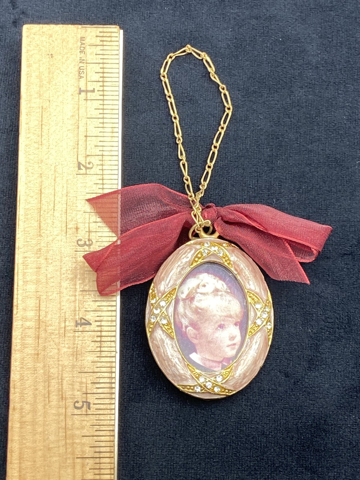 Vintage Victorian Portrait Ornament Gold Oval Bow Chain Crystals 1990s Decor
