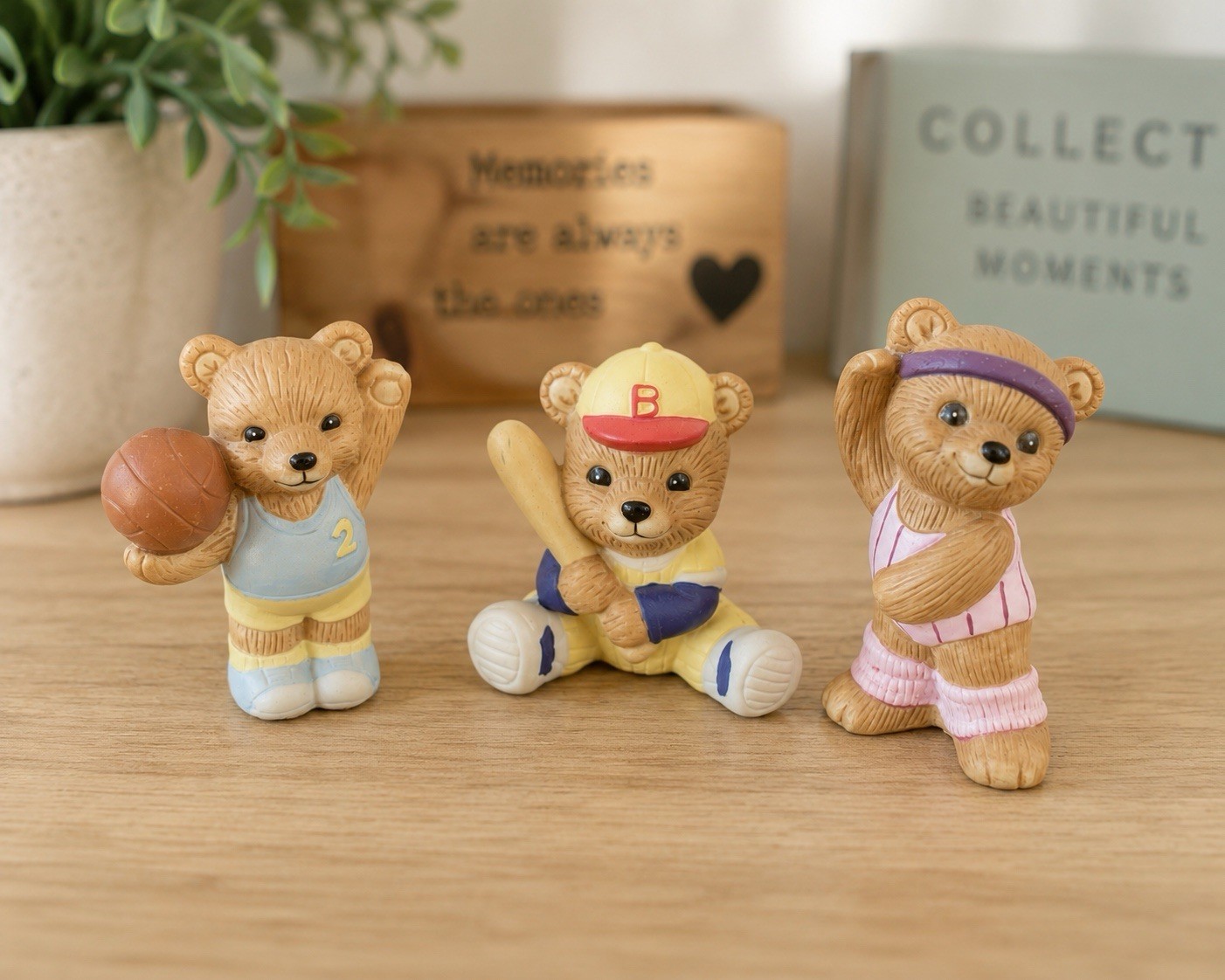 Vintage HOMCO Teddy Bear Sports Figurines Lot of 3 Porcelain Basketball Baseball