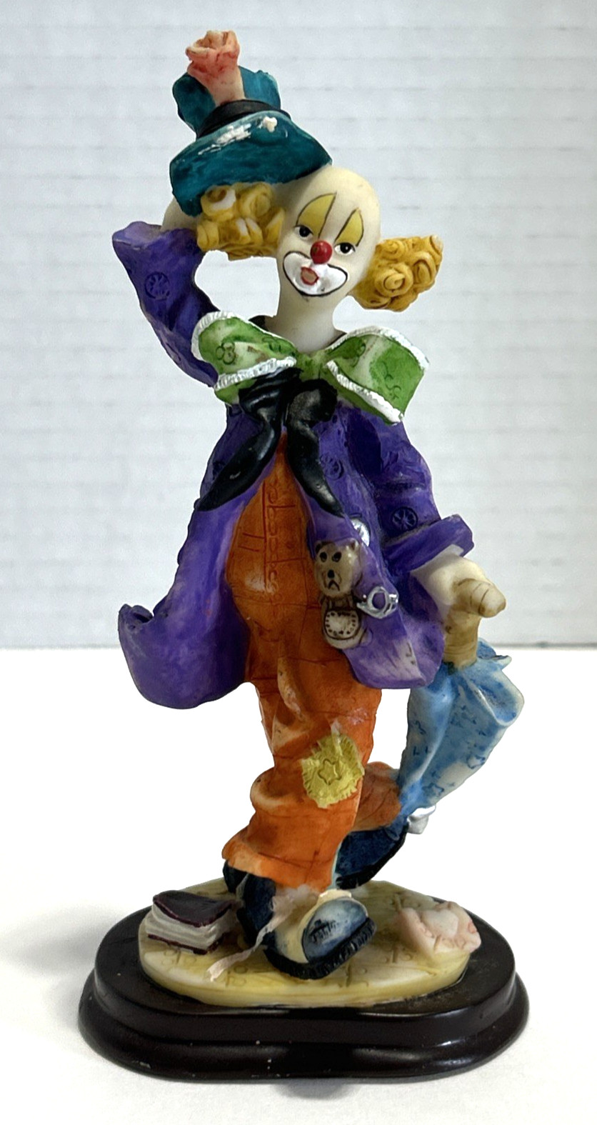 Vintage Happy Clown Figurine w Yellow Hair & Hat Umbrella Bear Books 6” Resin
