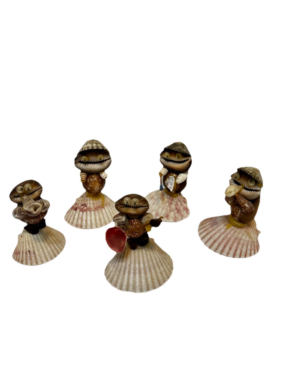 Vintage Handcrafted Sea Shell Figurines Musicians Whimsical 3″ Set of 5 READ
