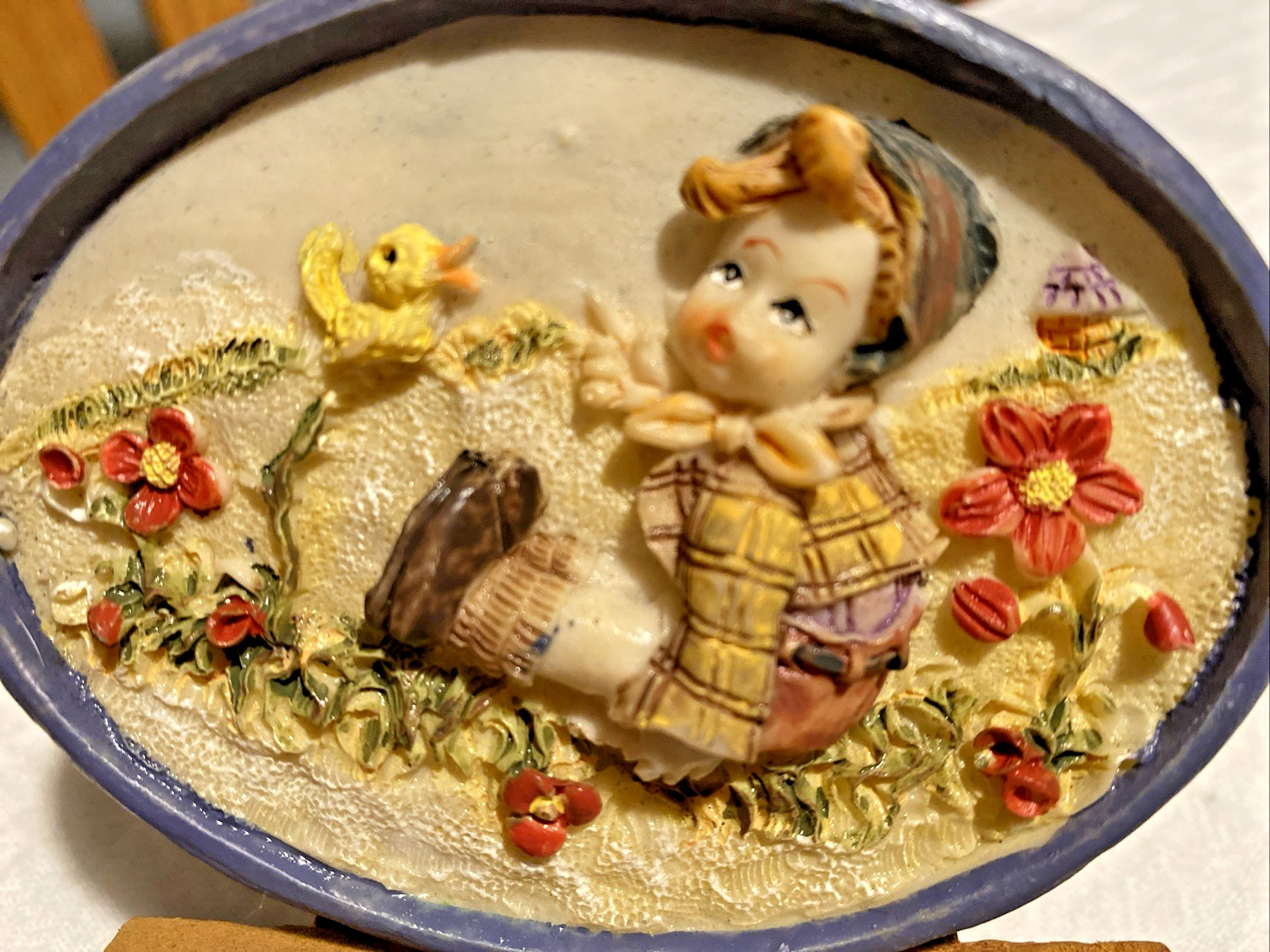 Mini VNG Oval Framed Boy with Bird 3D Relief Plaque Hand Painted on Easel Spring