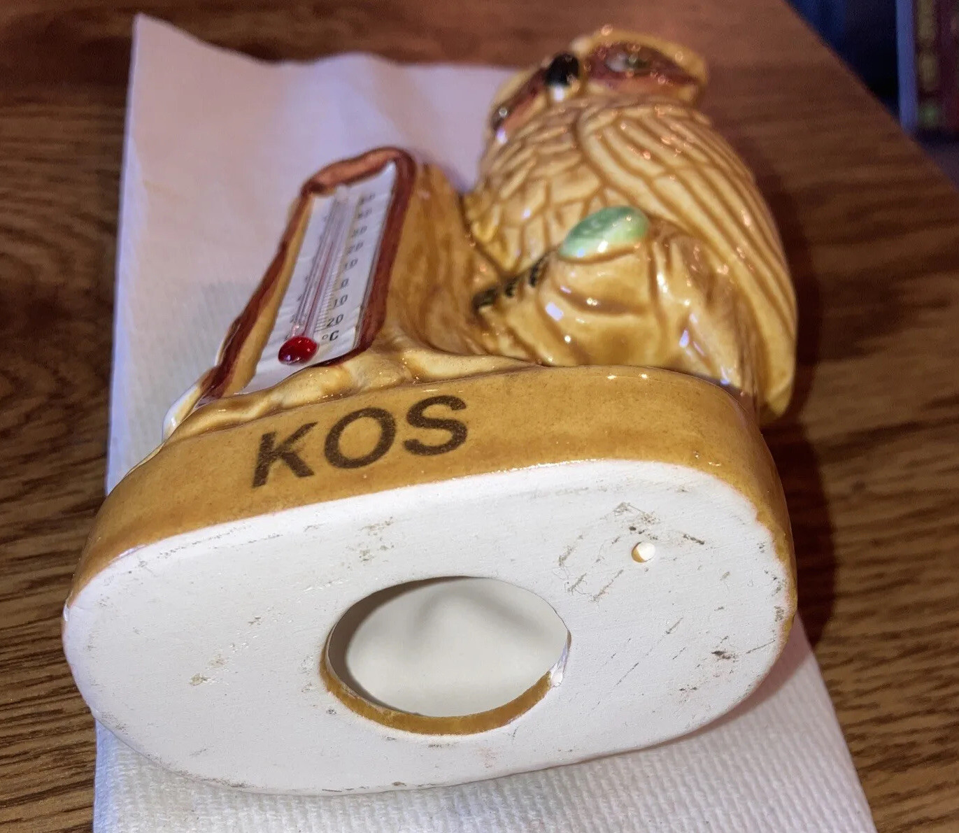 Vintage Ceramic Owl on Branch figurine Thermometer initials “KOS” 5″x3-1/2″x2″