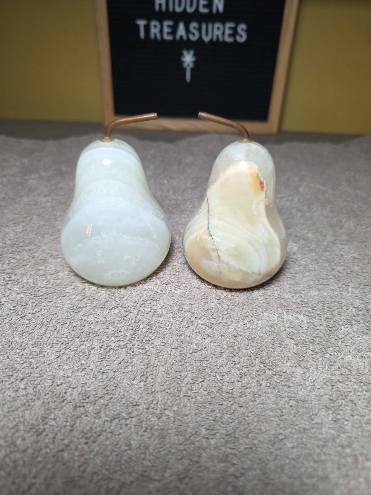 Set of 2 Vtg ONYX Solid Stone PEARS Pear Sculptures FRUIT DECOR Metal Stems MCM