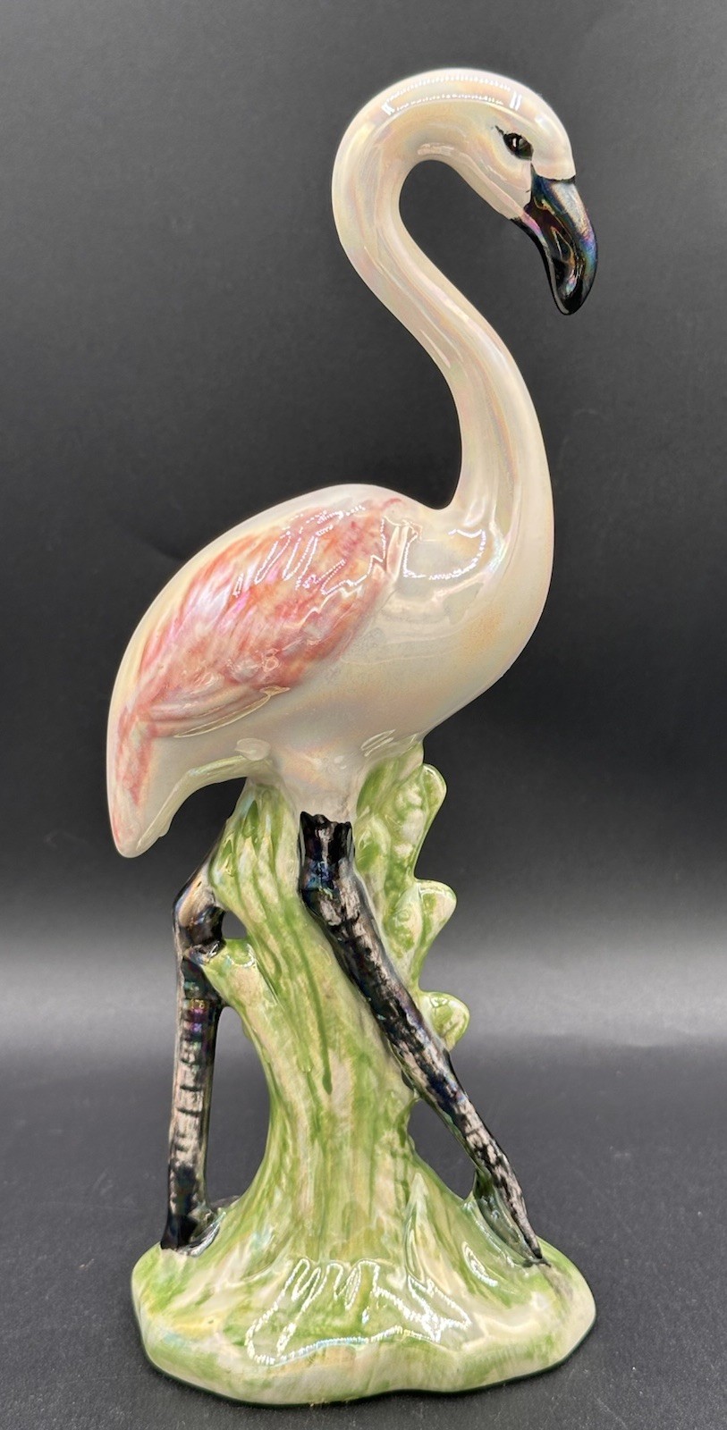 Vintage MCM Style Iridescent Ceramic Glazed Coastal 10.25 Pink Flamingo Figurine
