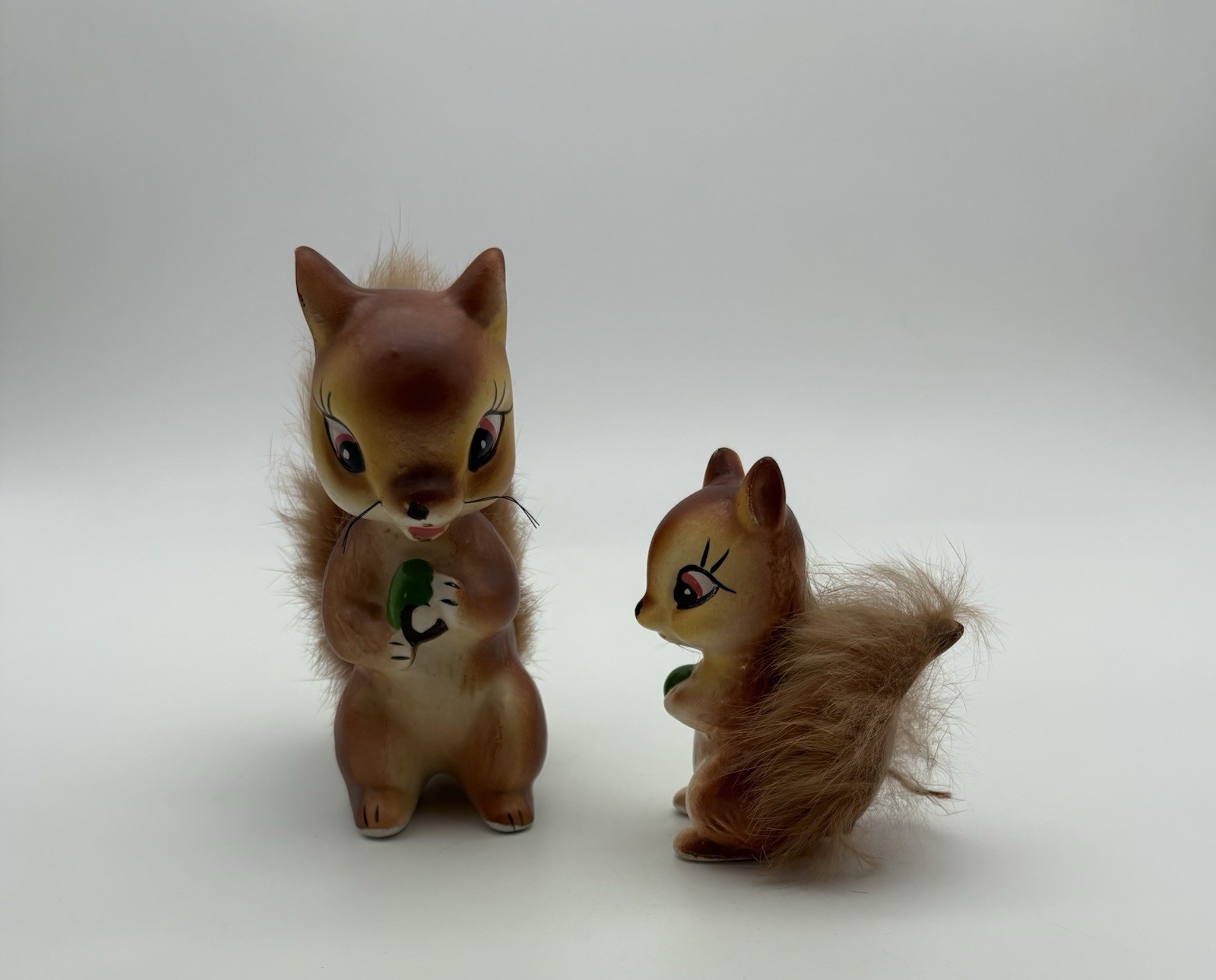 2 Vintage MCM Ceramic Squirrel Chipmunk Figurines Fur Tails 50s Baby Kitschy