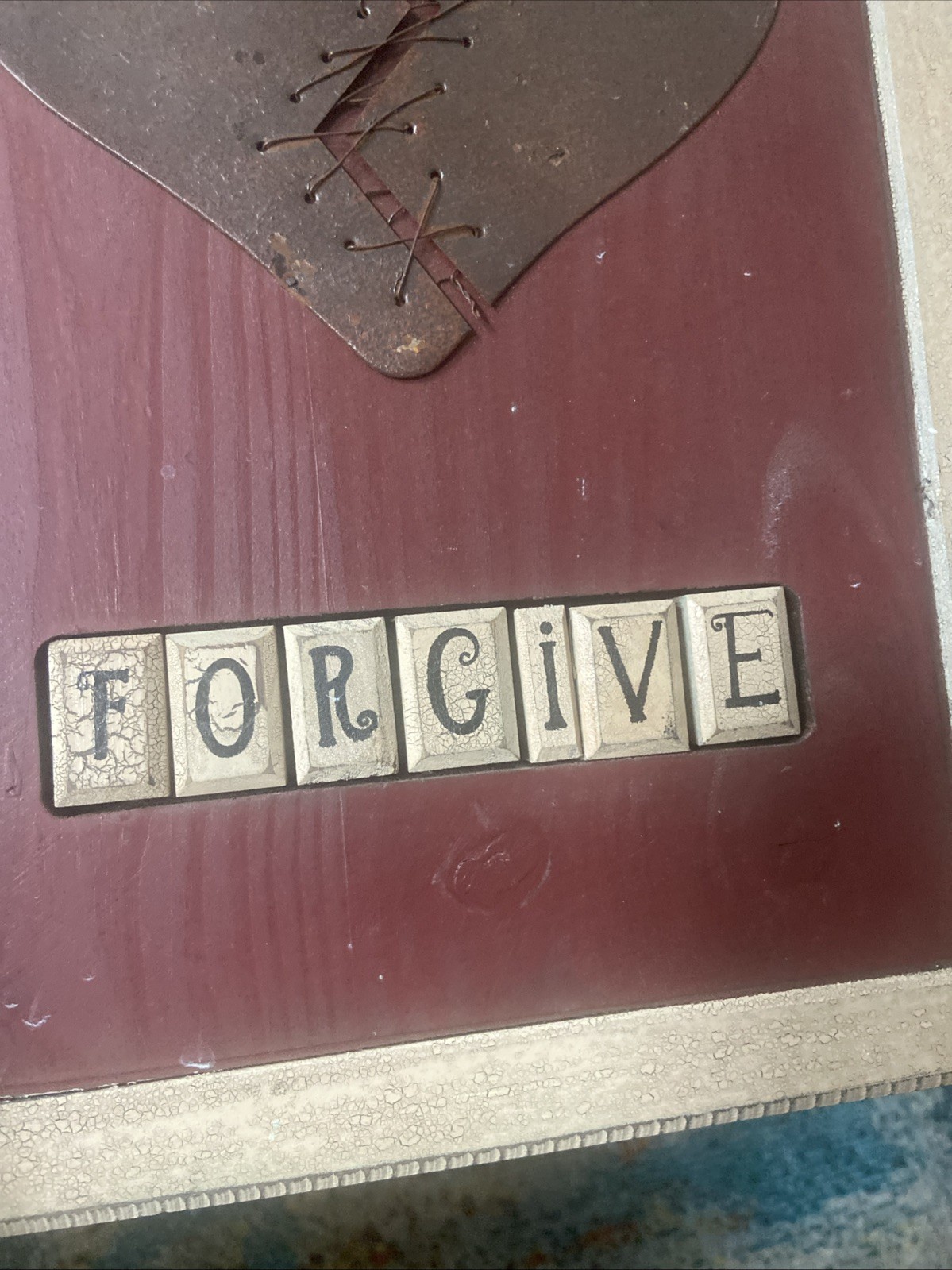 Dan DiPaolo Primitive Broken Heart Sewn Wood & Tin “ Forgive” Wall Art Picture