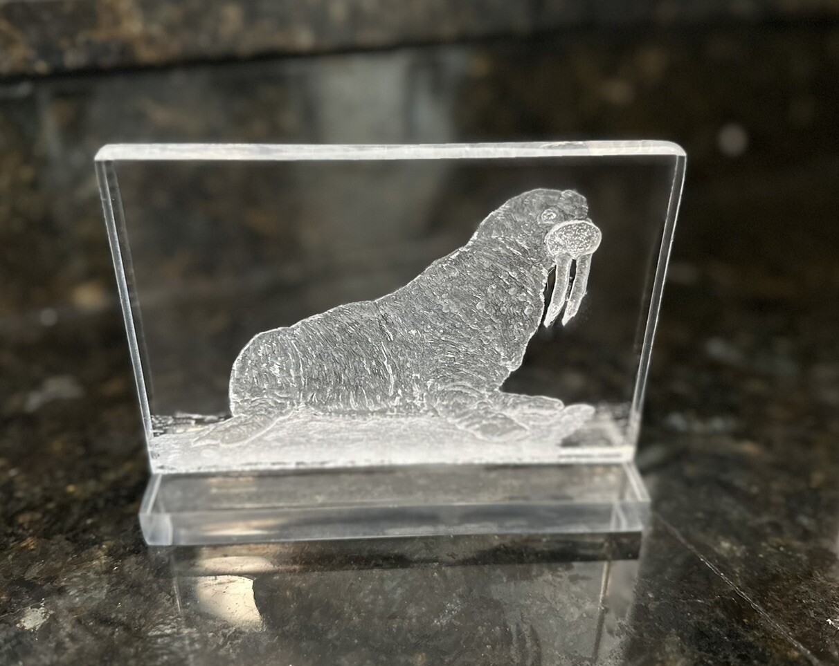 Reverse Etched Acrylic Lucite Walrus Sculpture Paperweight 6″x4.5″ Signed