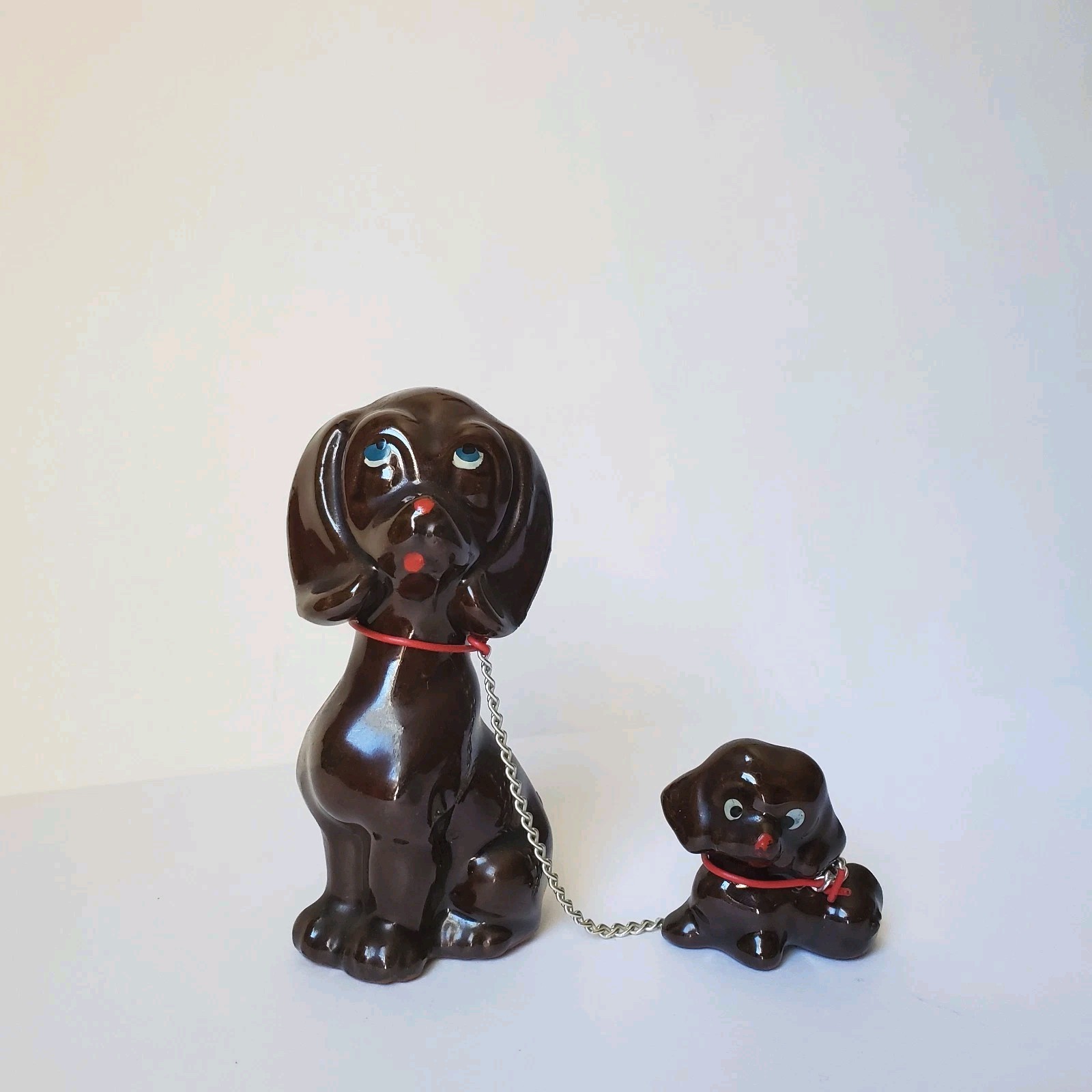 Redware Pottery Dog Mom With Puppy on Chain Hound Anthropomorphic Kitsch MCM Vtg