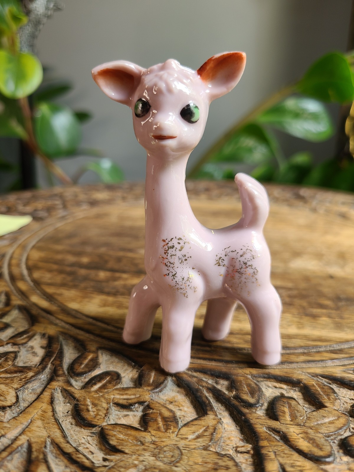 Vtg Ban Pink Ceramic Deer Figurine Japan Gold Trim Mcm Fawn Figure kitsch Decor