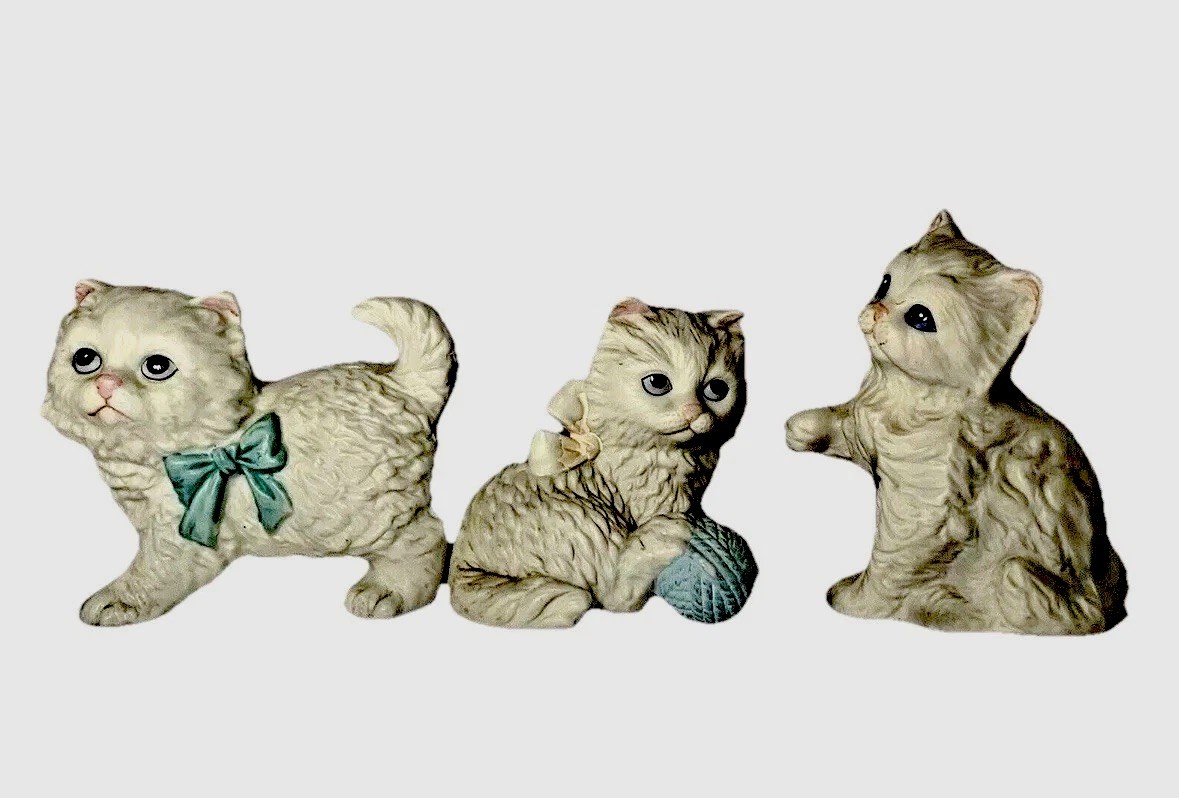 White Persian Playful Cats Set of 3 Vintage 1980’s By Homeco