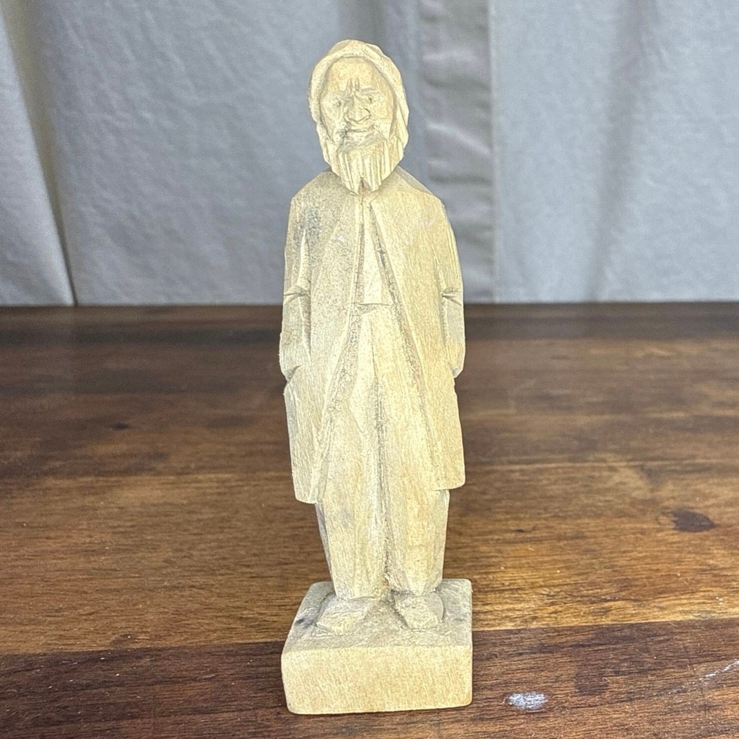 Hand Carved Miniature Trinket Raw Wood Bearded Man / Fisherman Figure Folk Art