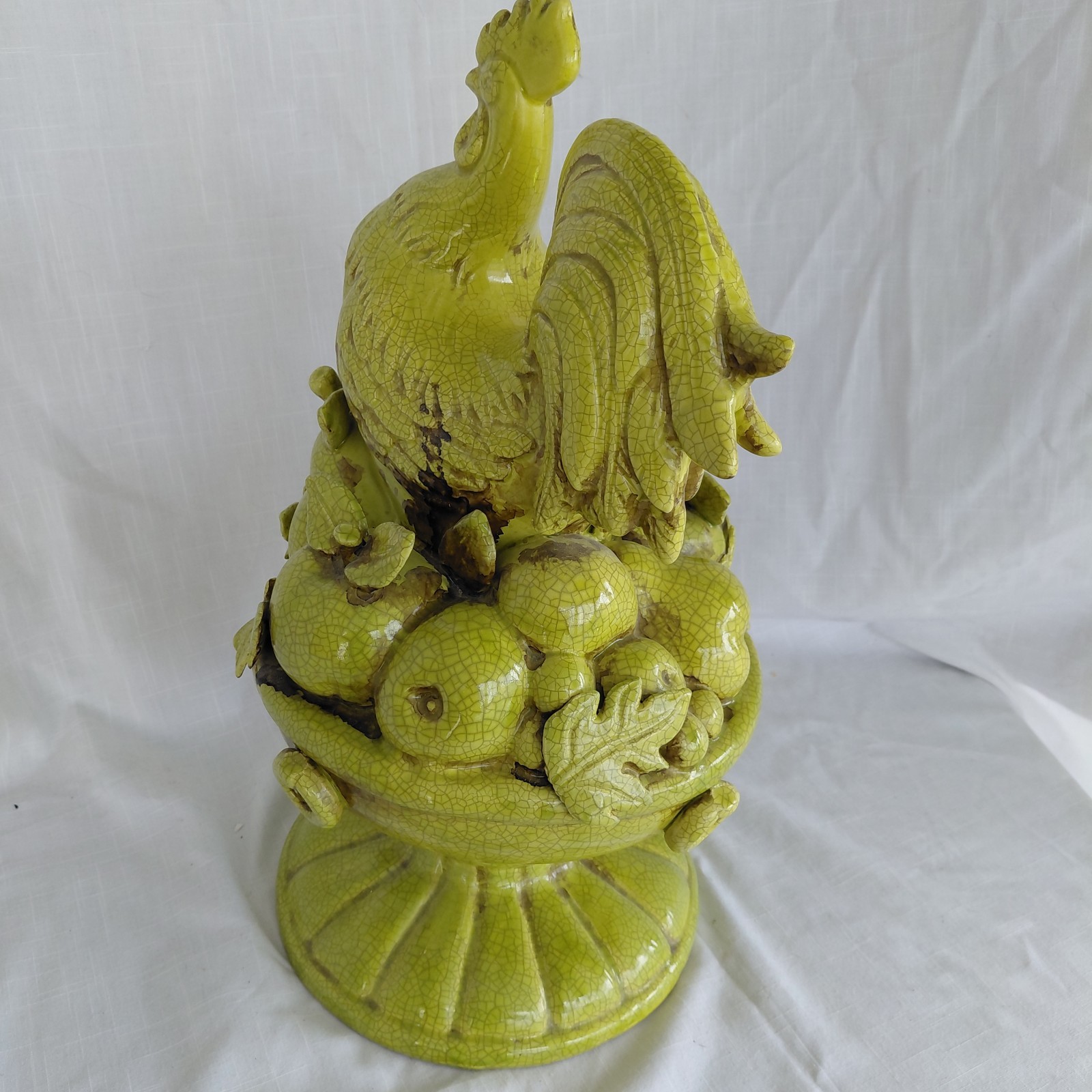 Vintage GIANT 1960’s Folk Art Ceramic Green Rooster Majolica Glaze Pottery 1of1