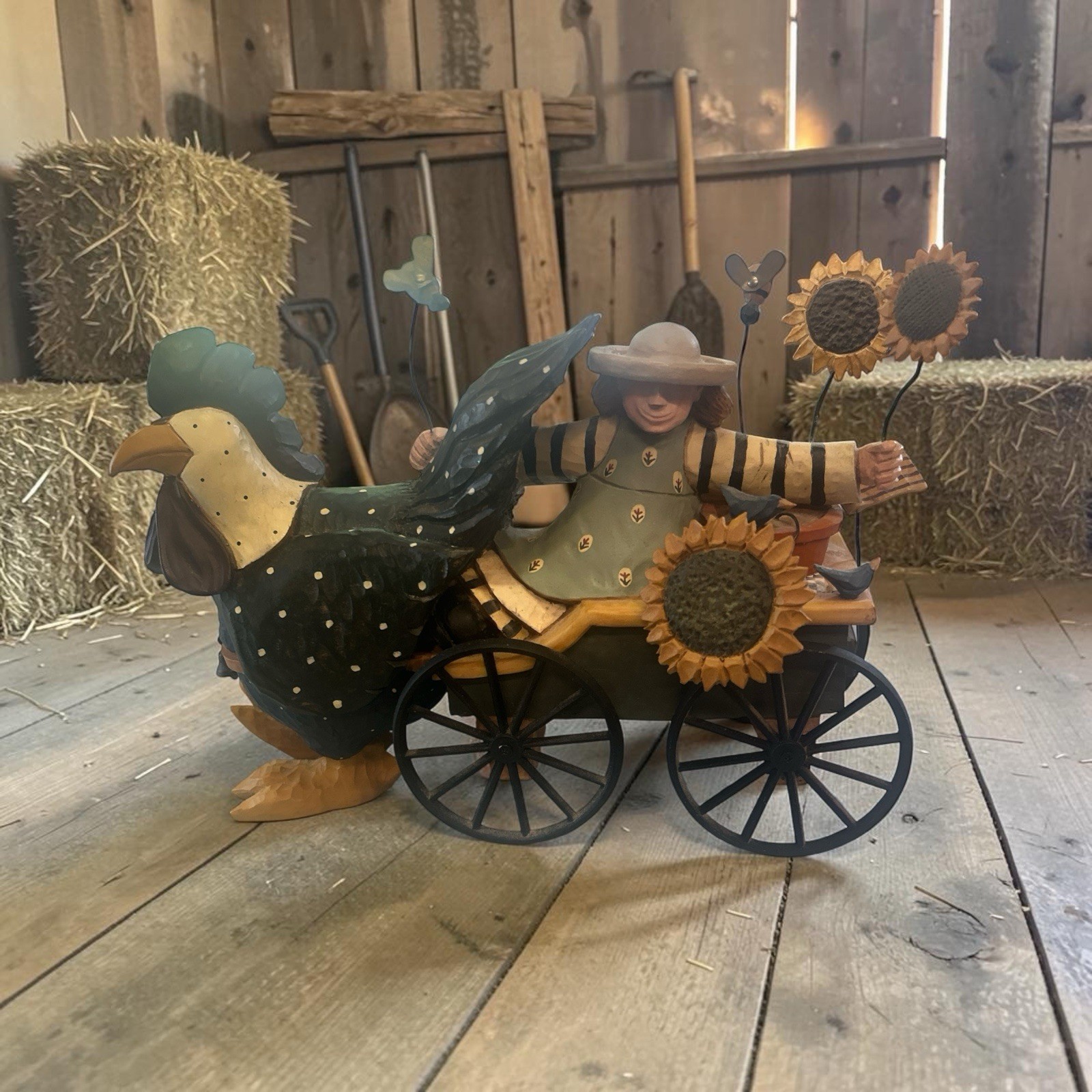 Williraye Studio “Farm Buggy” 2003, Folk Art Rooster, Wagon & Girl