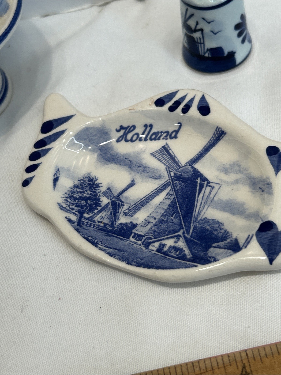 Delft 5 Items Thimble, Basket, Tea Bag Rest, Windmill,Plate Vintage Holland Blue