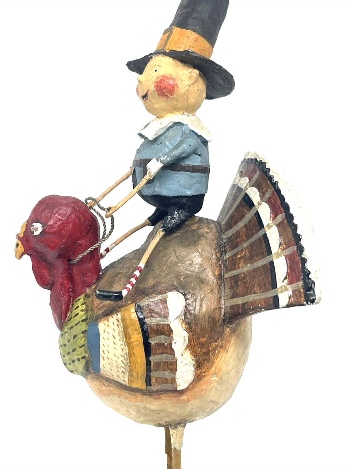 Lori Mitchell Folk Art Tom Riding a Gobbler Thanksgiving Pilgrim Figurine 10″