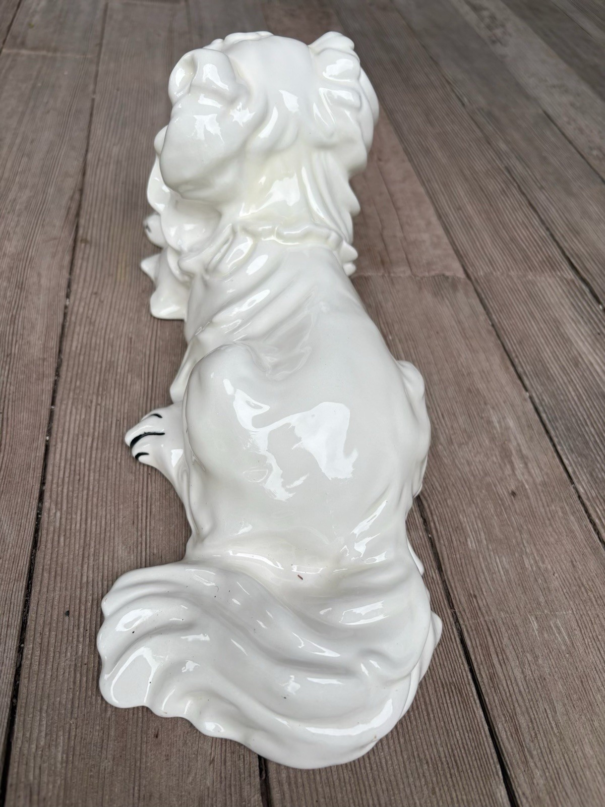 Vintage Pekingnese White Ceramic Dog Figurine Collectible Hand Painted 12” Long