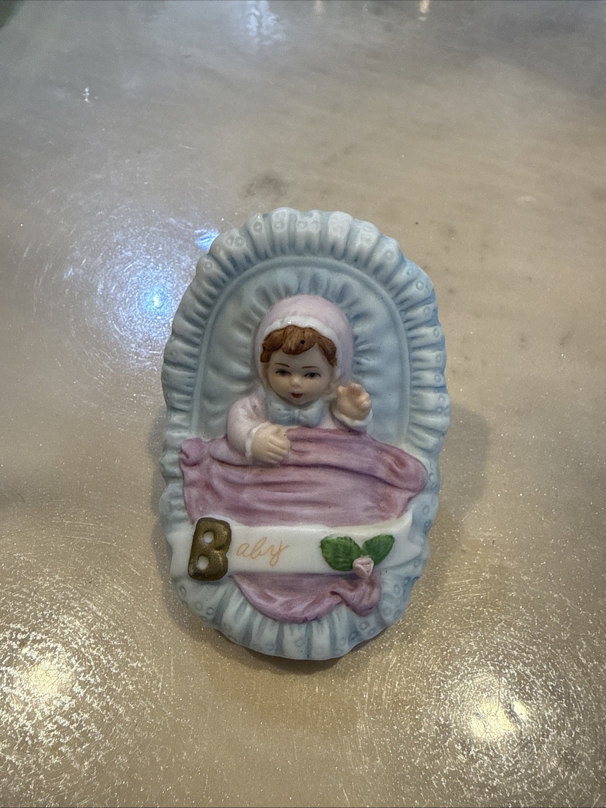 Enesco Porcelain Baby Girl In Carrier Basket Figurine New