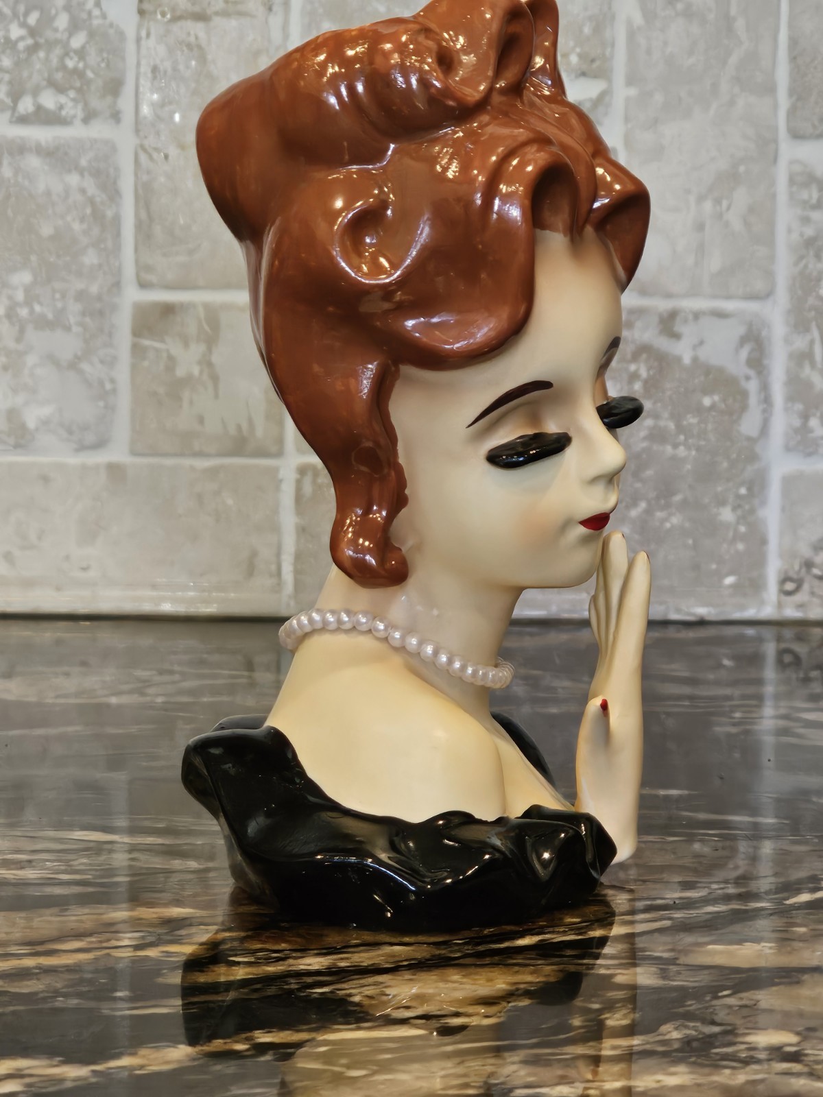 Lady Head Bust Figurine Woman Pearl Necklace Black Dress 7in REPRODUCTION