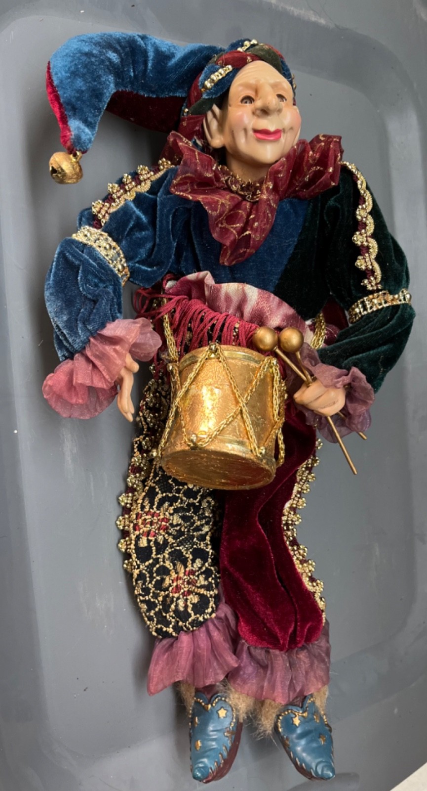 Vintage Jester Elf Ornament Shelf Sitter Victorian Fancy Blue Green Gold 14”