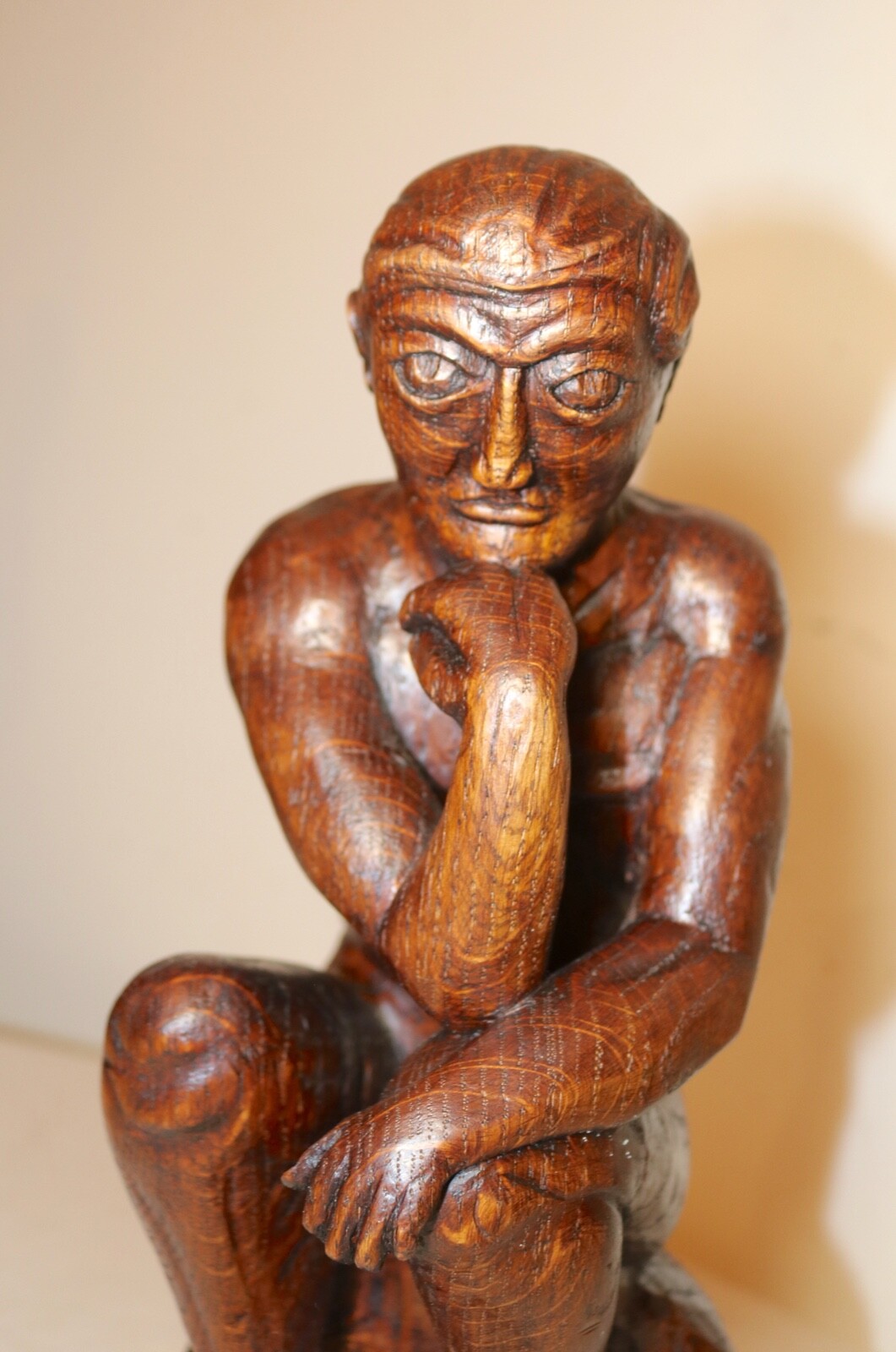 antique 1800’s Folk Art hand carved wood figural thinking man sculpture statue