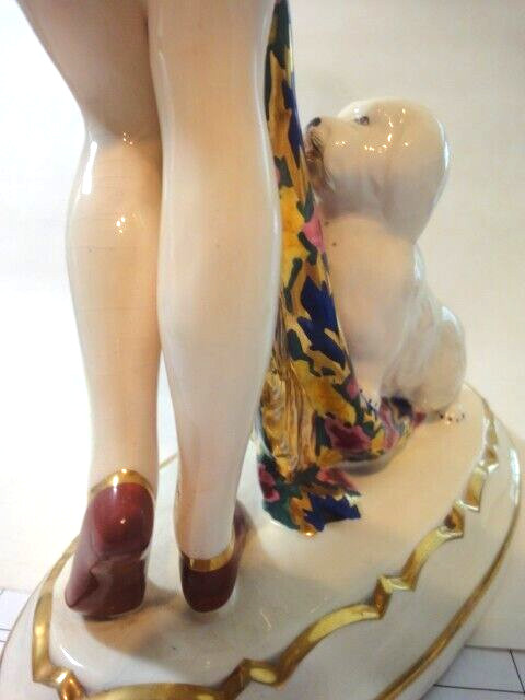 Large Scarce Vintage Royal Dux Art Deco Lady With Dog Figurine, 15.5 in