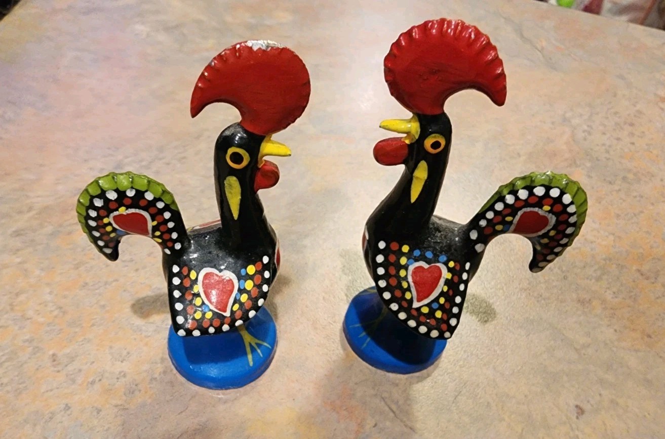 Vintage Hand Painted Metal Portuguese Lucky Roosters Figurines 3″