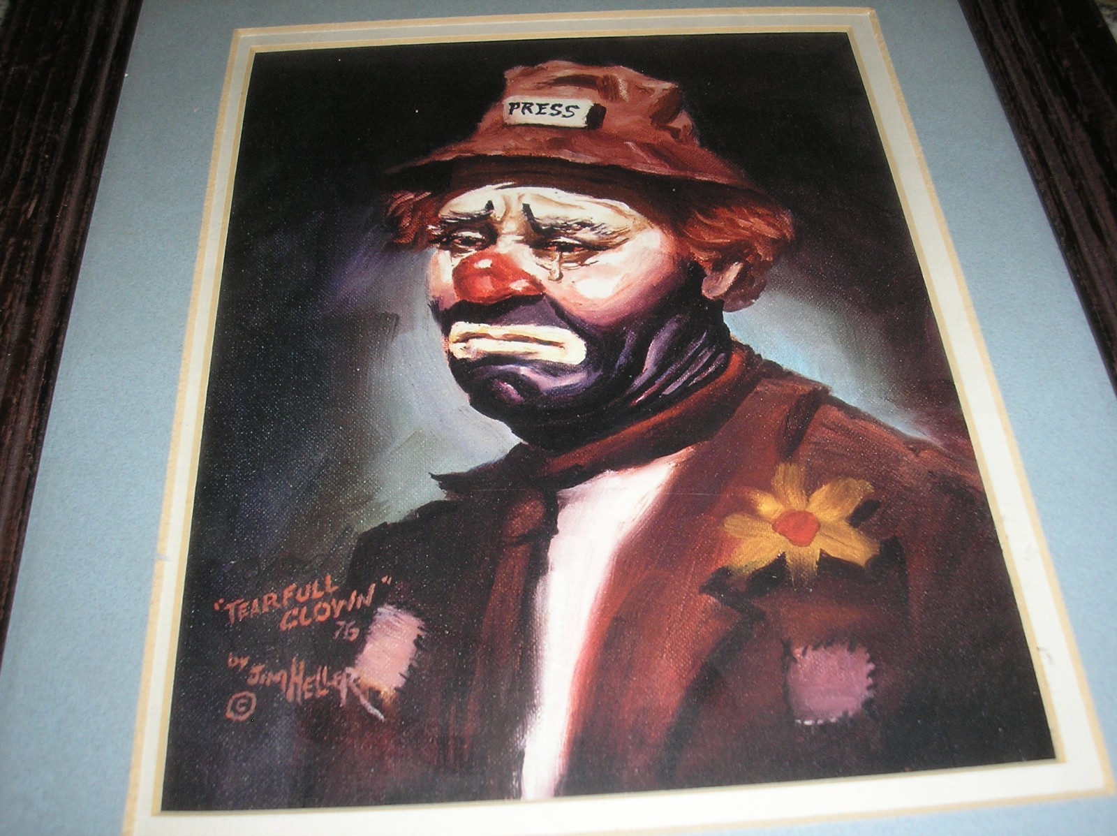 Jim Heller artwork “Tearful Clown” 76 Print/Copy Matted, Glass. Original Frame