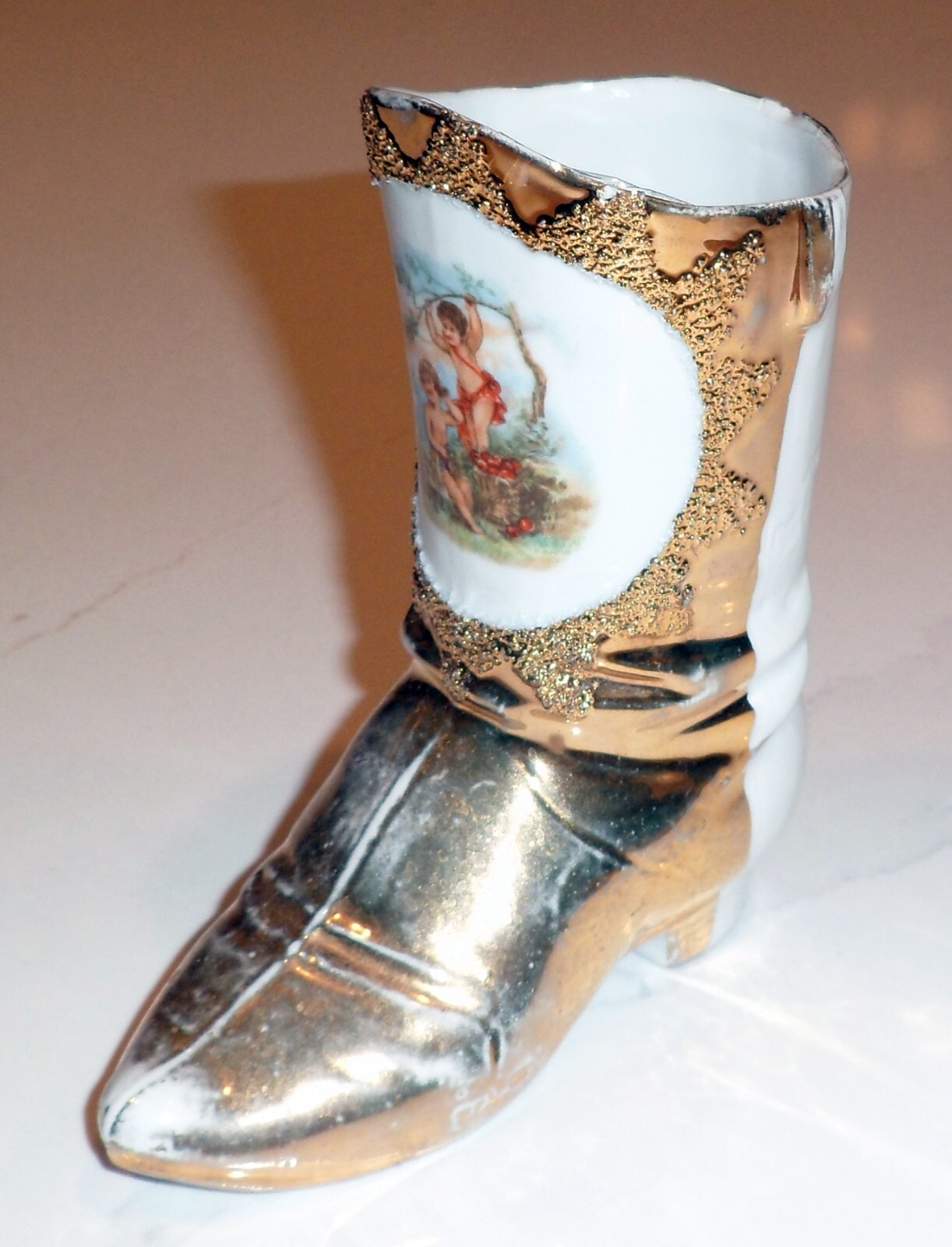 Vintage Victorian Ceramic boot – 4.5″ white & gold – Present from Ireland