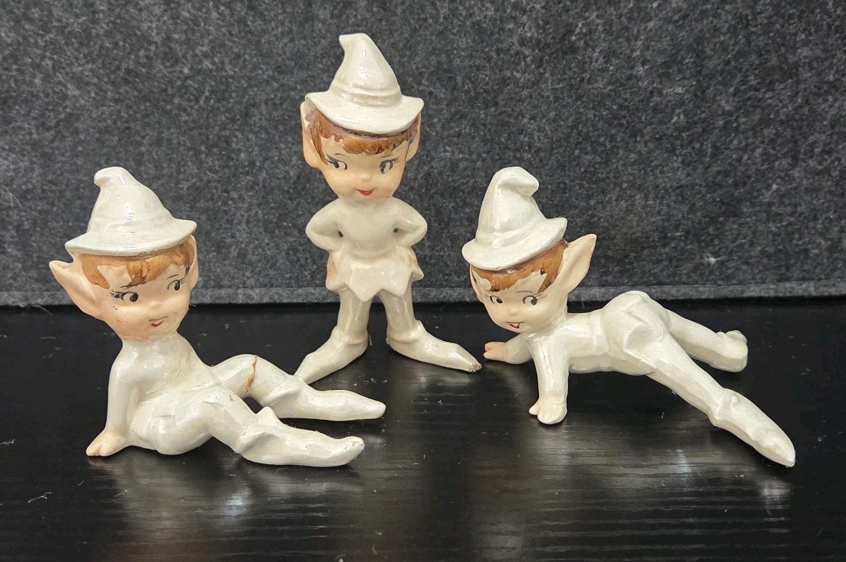 Vtg Set of LEFTON? Iridescent White Pixie Elf Whimsical Figures Japan Christmas