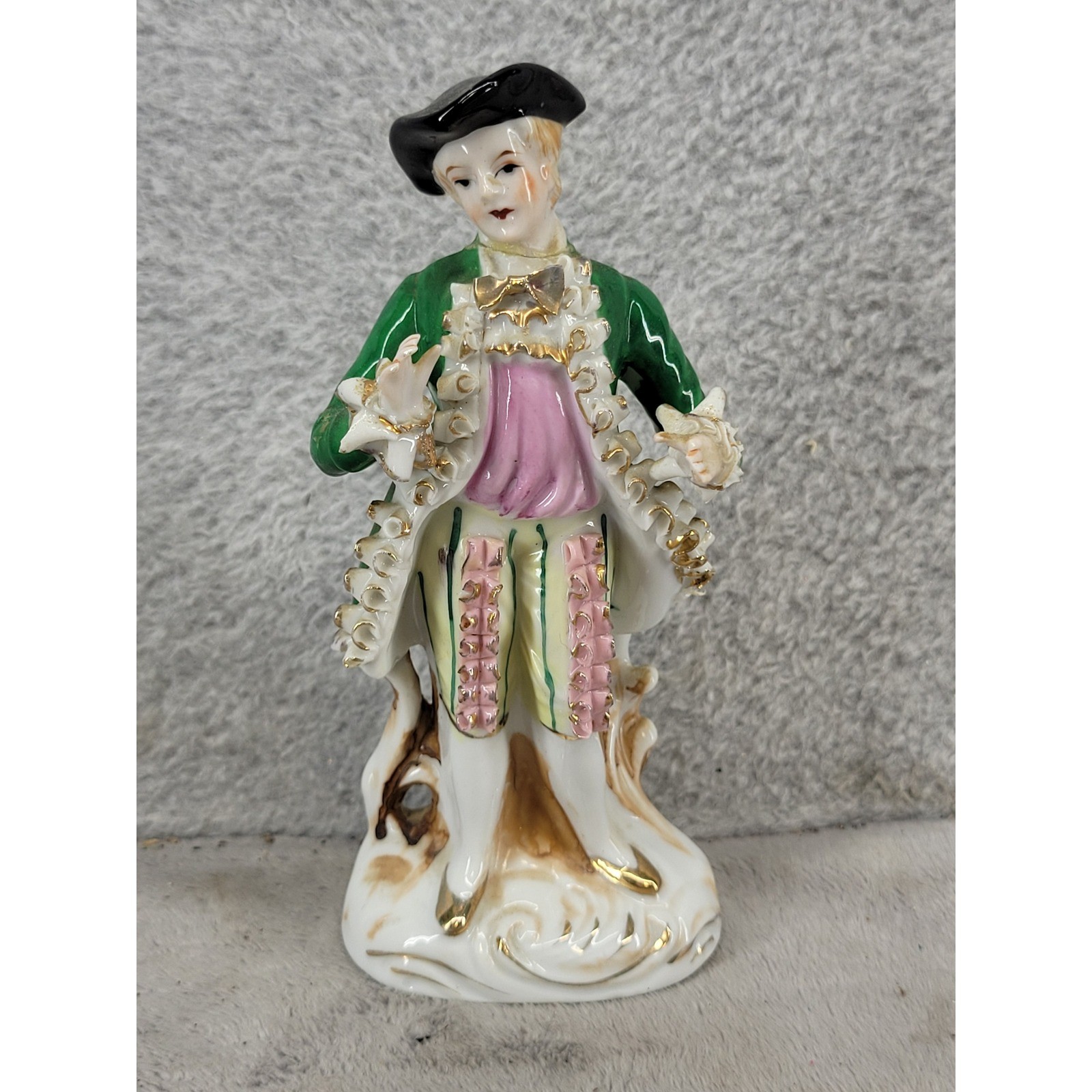 Vintage Japan Porcelain Colonial Gentleman Figurine Green Coat Gold Gilt 6.25 in