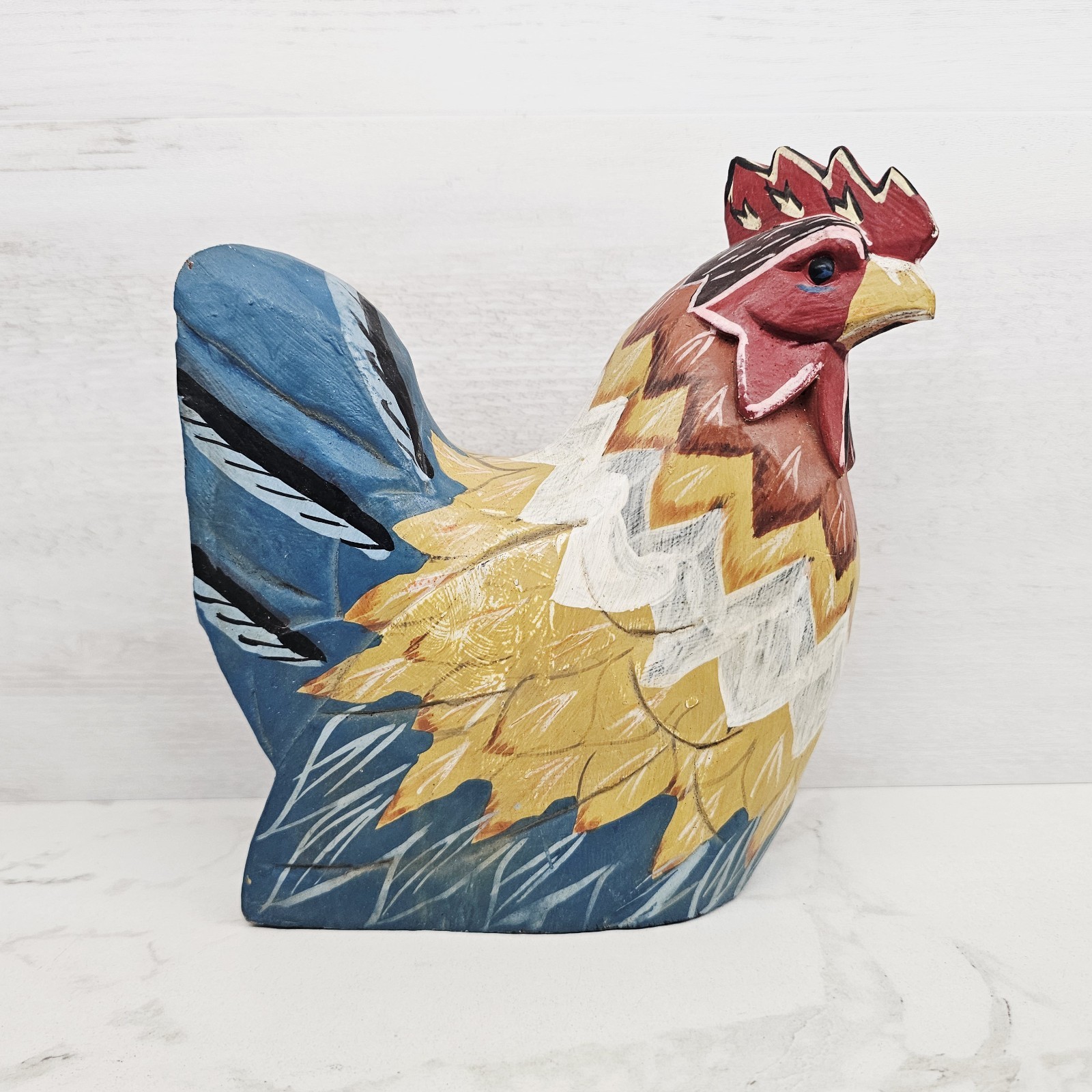 Vintage Carved Wooden Rooster Chicken Rustic Farmhouse Decor Folk Colorful