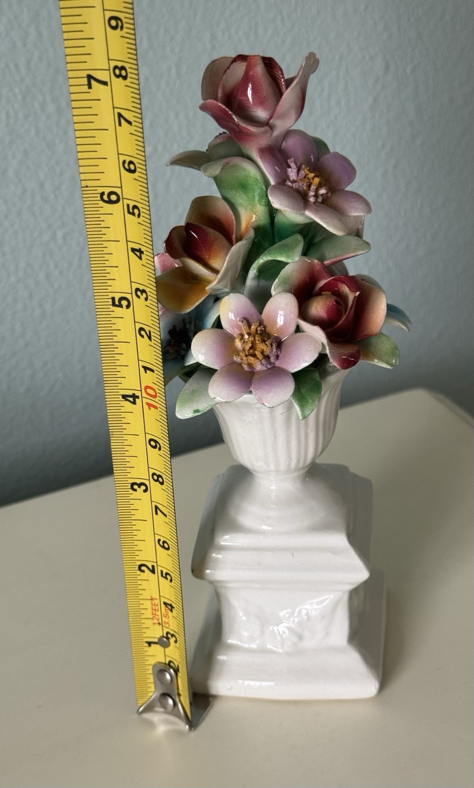 Capodimonte Style 7” Porcelain Pedestal Floral Figurine Romantic Pastel Flower