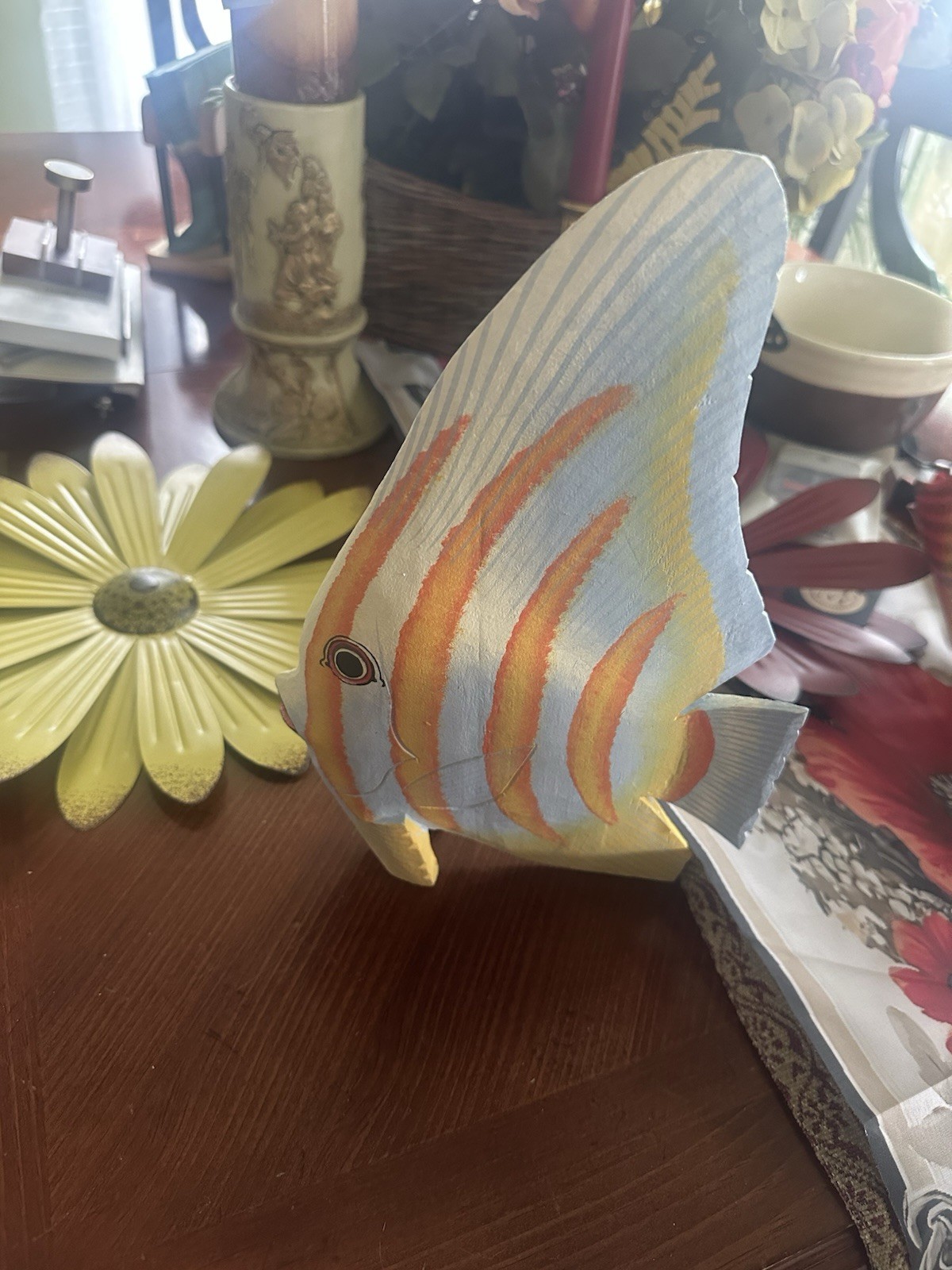 Hand Painted Wooden Fish Figurine, Striped Blue Orange White Painted Finish