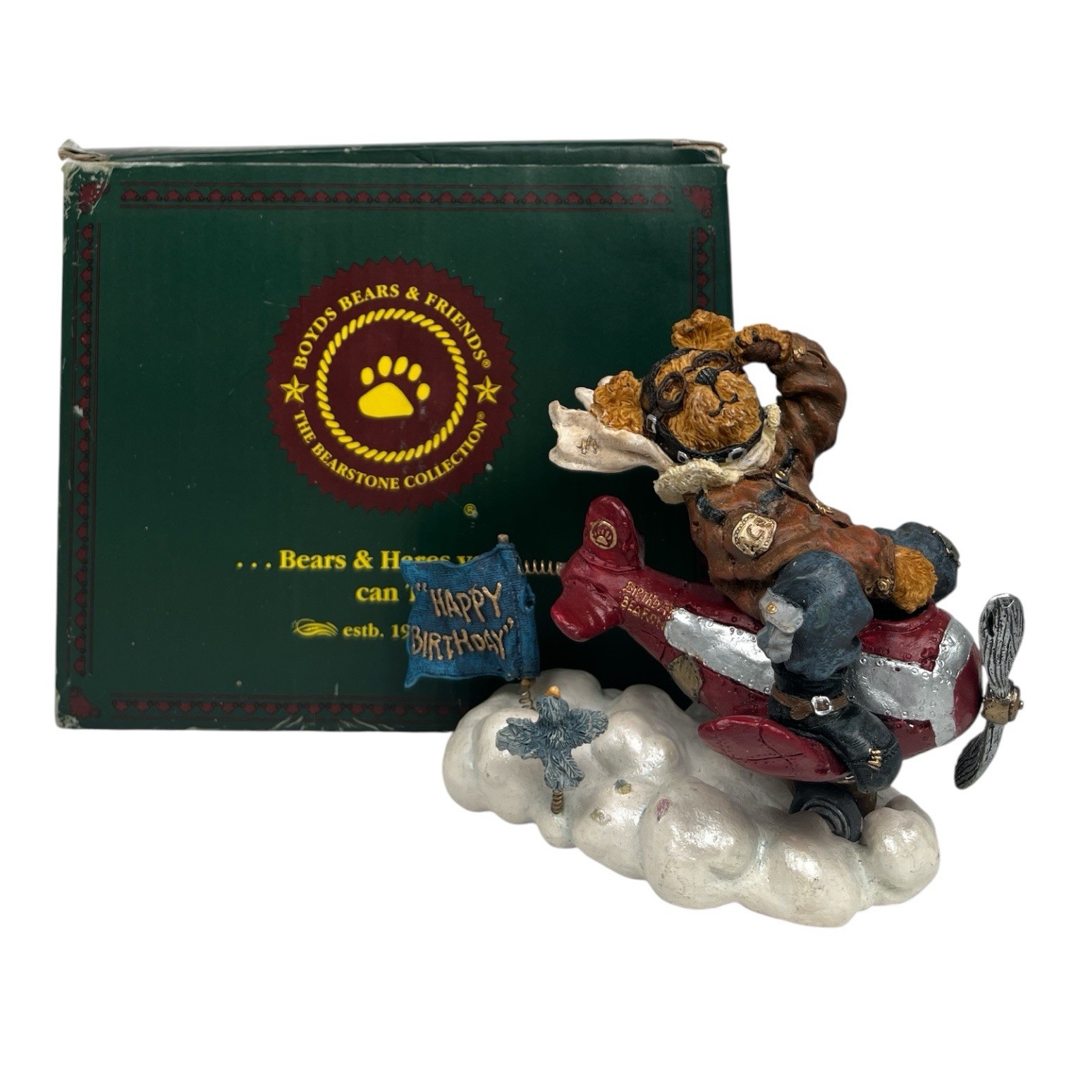 Boyds Bears Bearstone Ace Armstrong Flyin Airplane Figurine NIB COA Birthday
