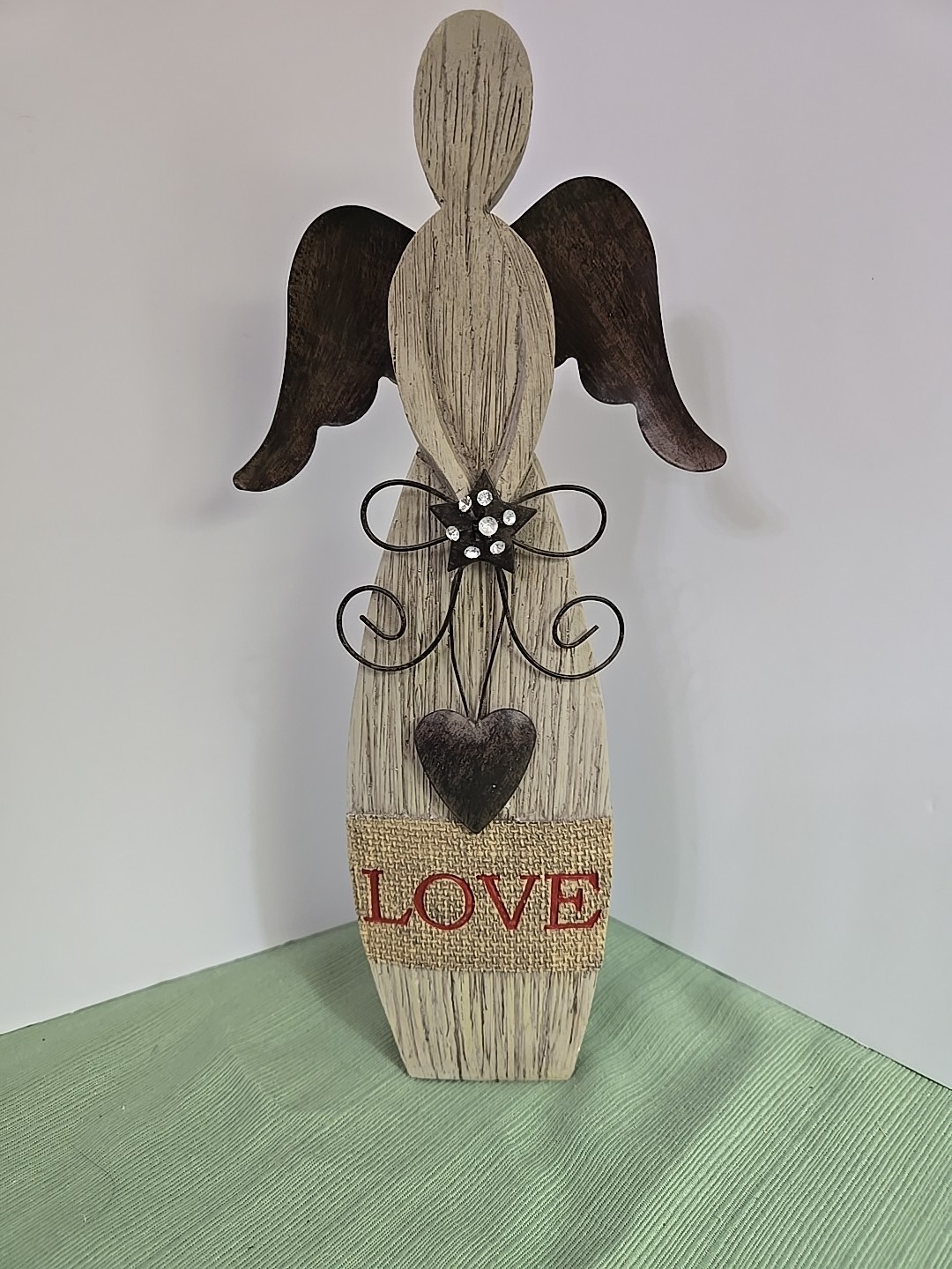 Rustic Farmhouse Wood Angel Gray Rusty Metal Wings Heart Love Rhinestones