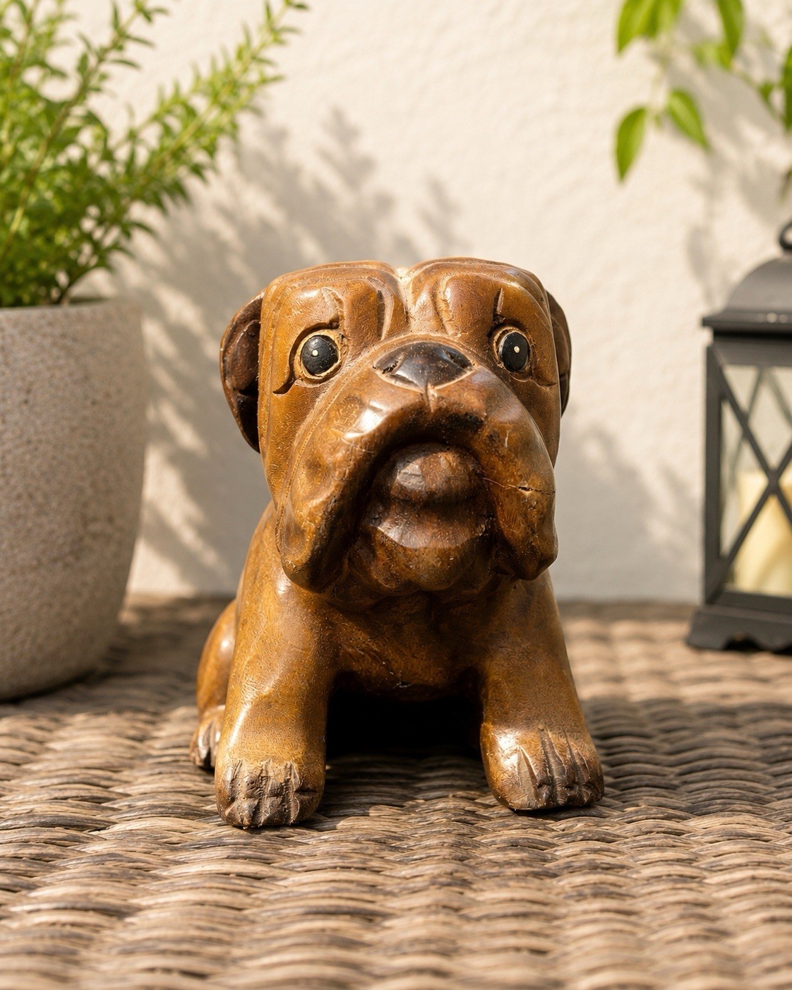 Thailand Vintage 1990s Hand Carved Raintree Wood English Bulldog Figurine, 9×7”