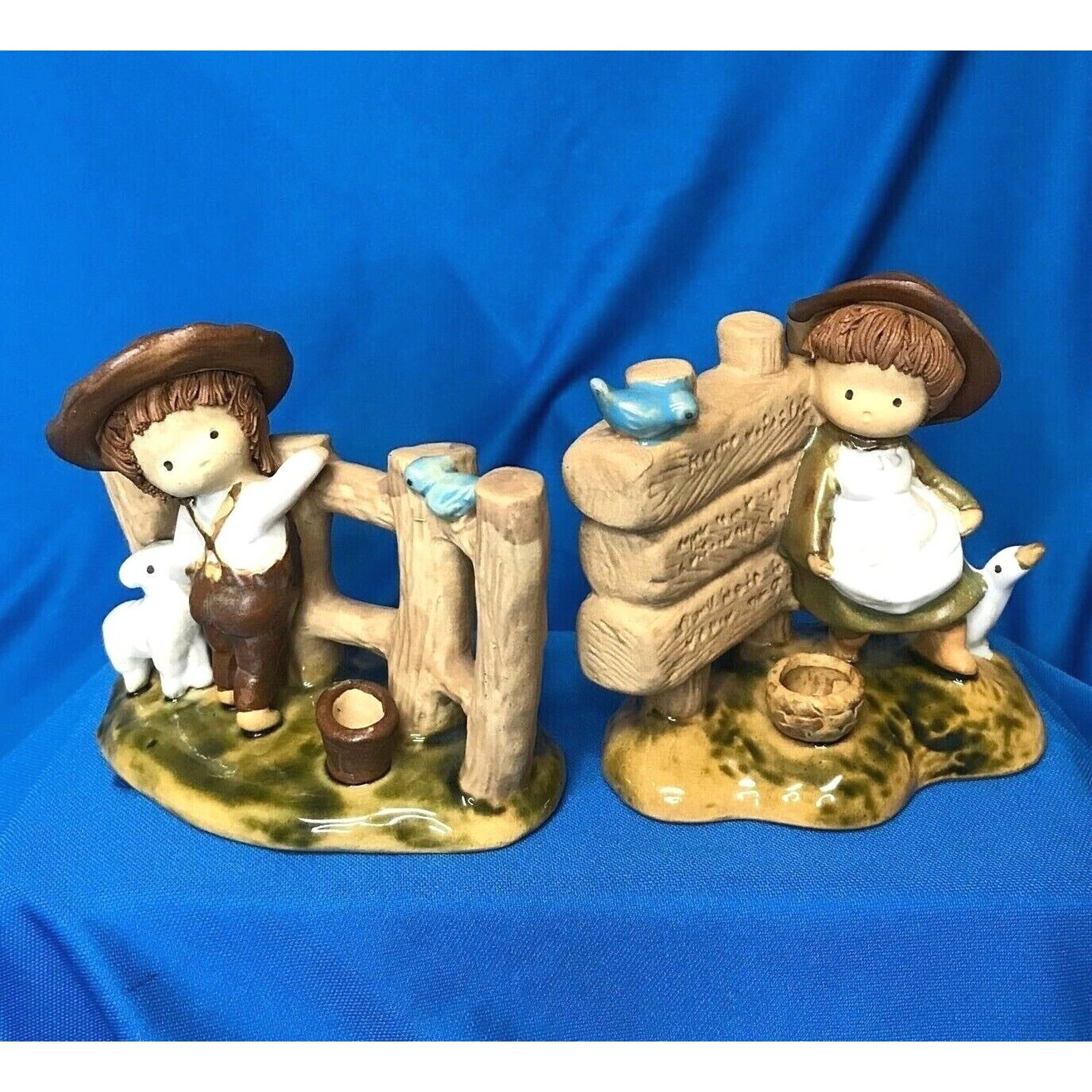 Vintage UCTCI Boy With Lamb & Bluebird – Girl With Goose & Bluebird VG Condition